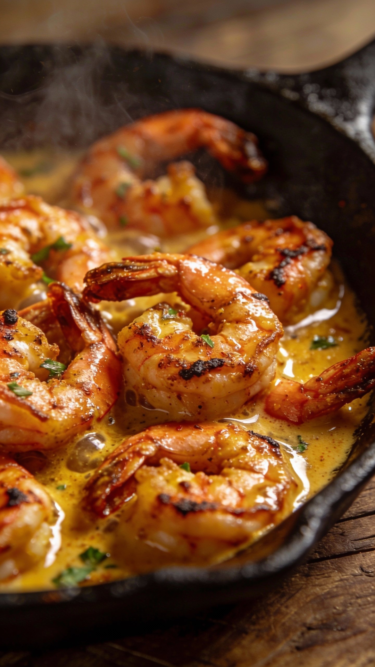 closeup skillet of spicy Cajun shrimp in butter sauce