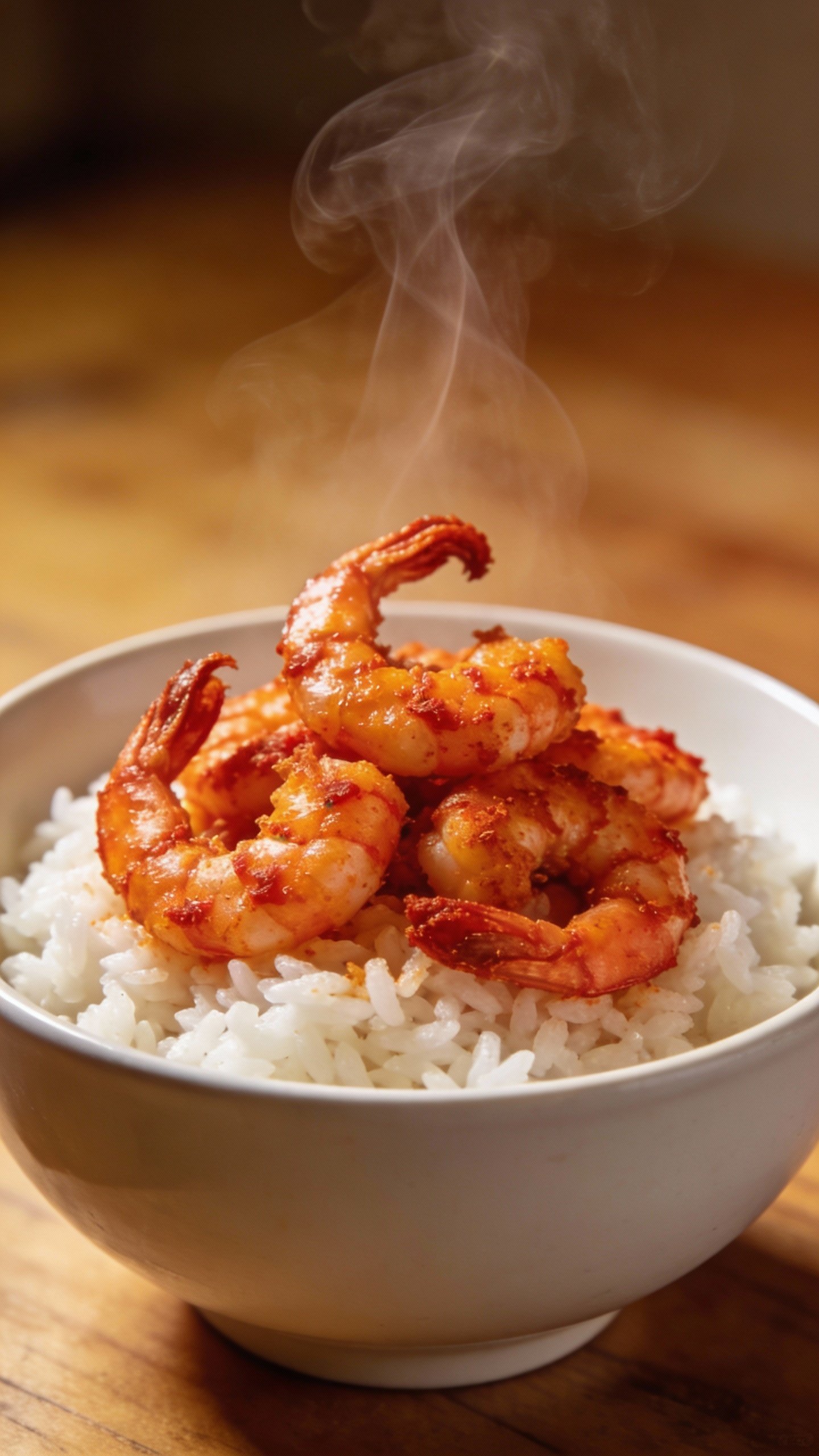 single bowl of Cajun shrimp over white rice, steam rising