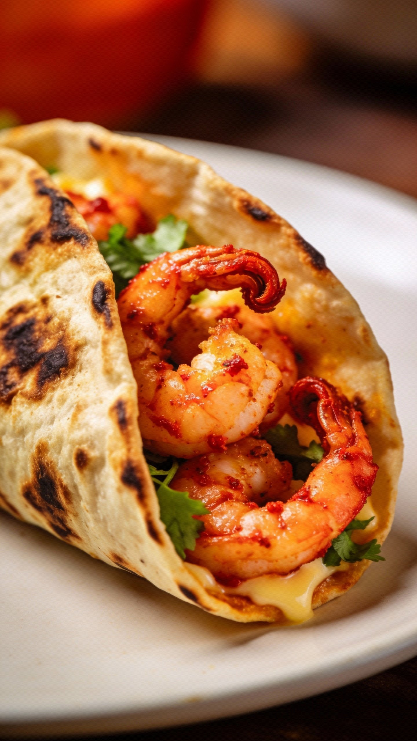 single taco stuffed with Cajun shrimp, charred tortilla closeup