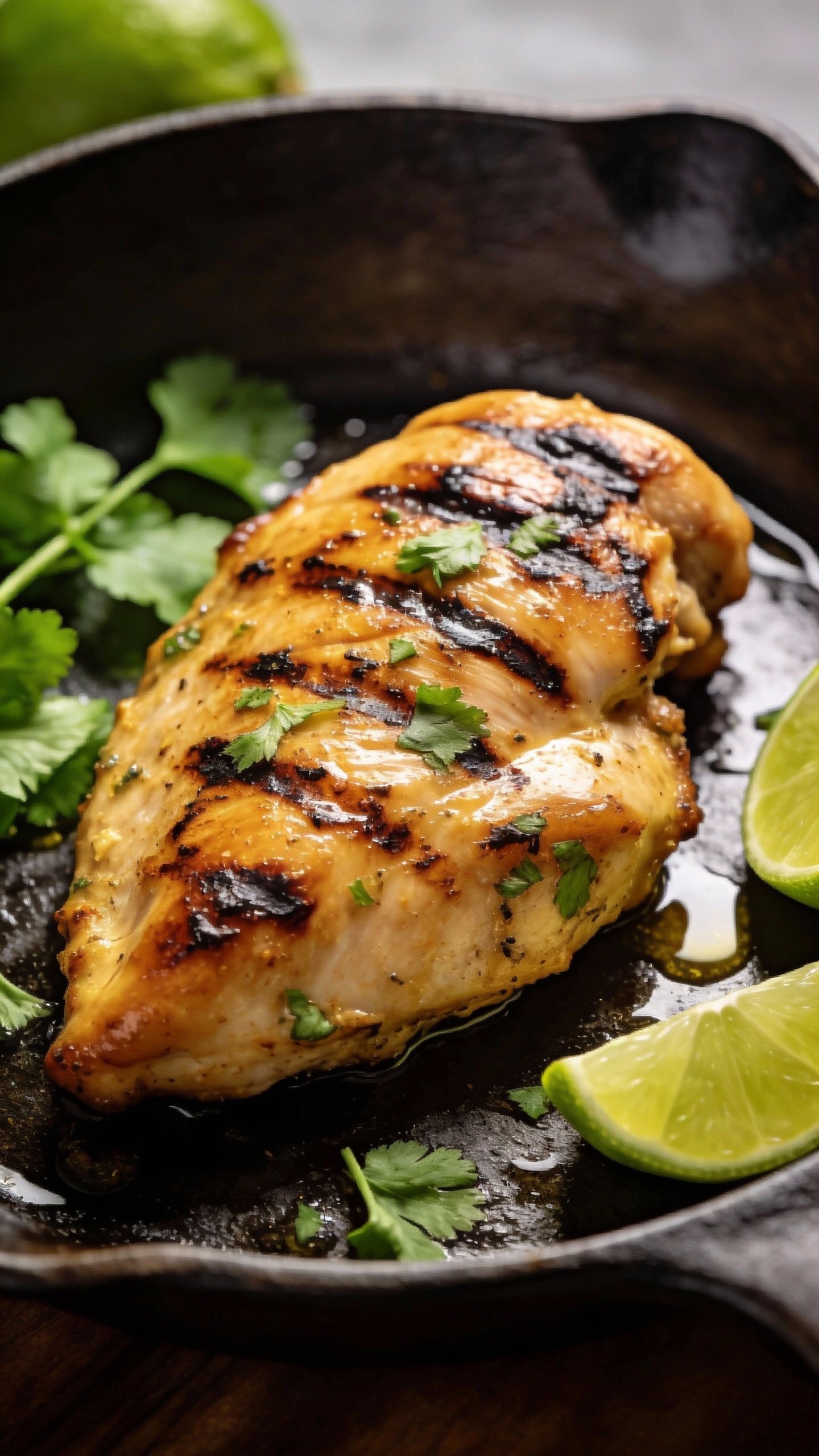 closeup of grilled cilantro lime chicken thigh on cast-iron skillet