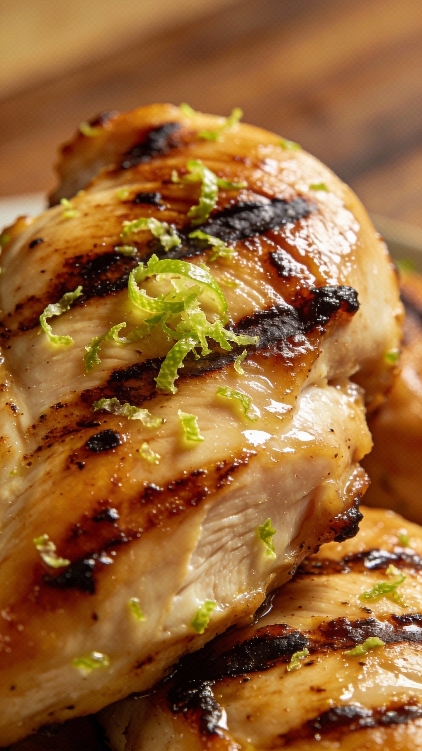 seared chicken thigh with char marks, garnished with lime zest