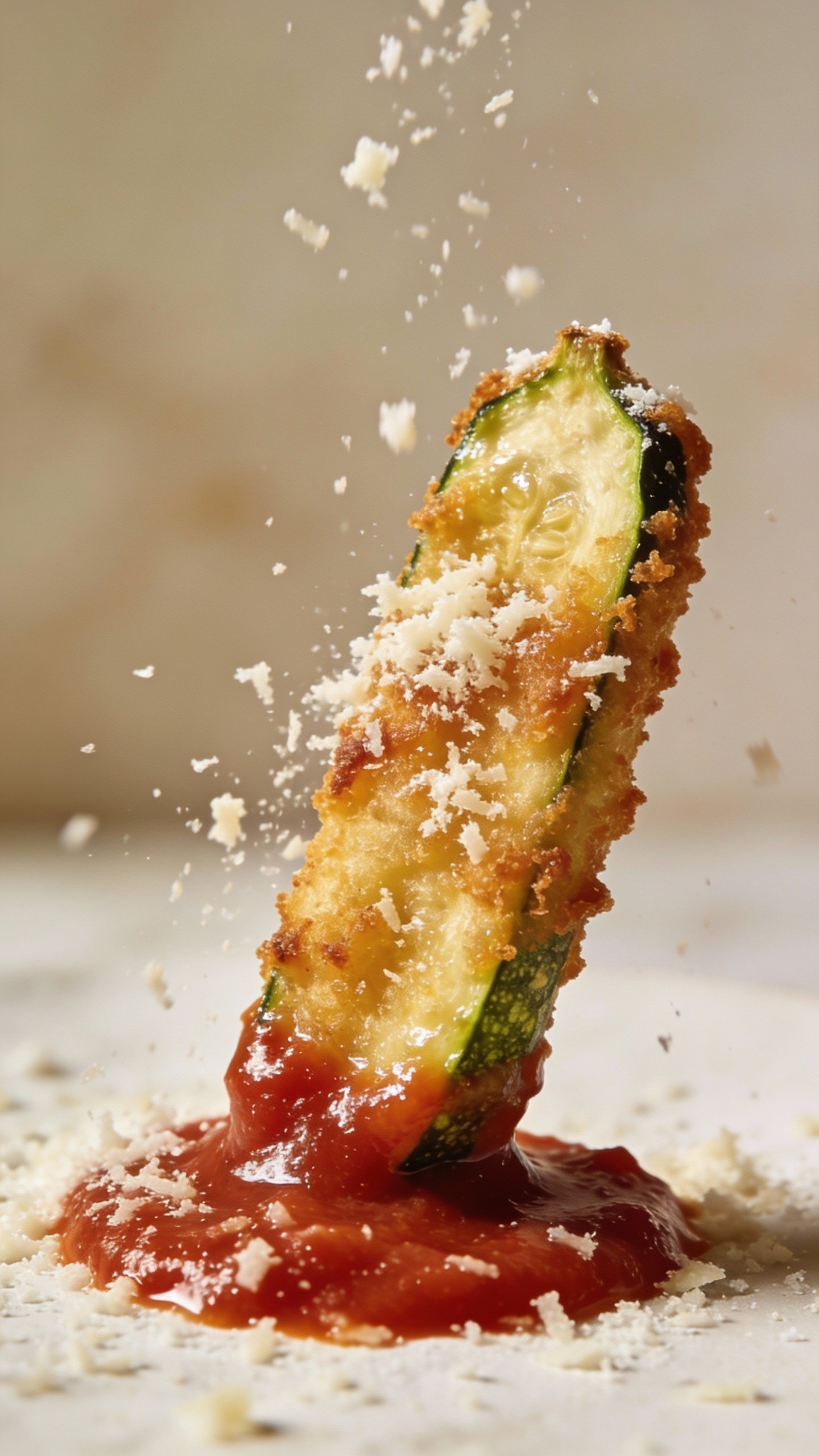 single zucchini fry dipped in marinara, parmesan dusted
