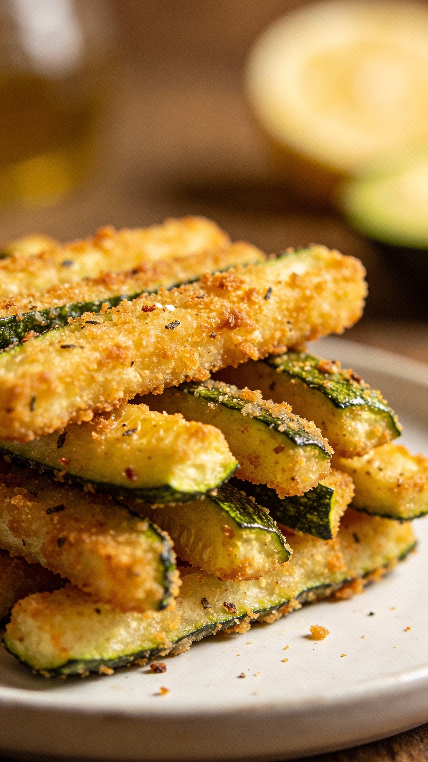 stack of zucchini fries on white plate, golden and crisp
