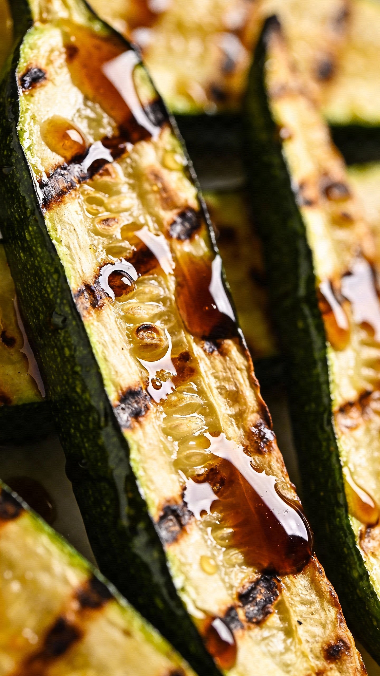 closeup of roasted zucchini spears with balsamic glaze