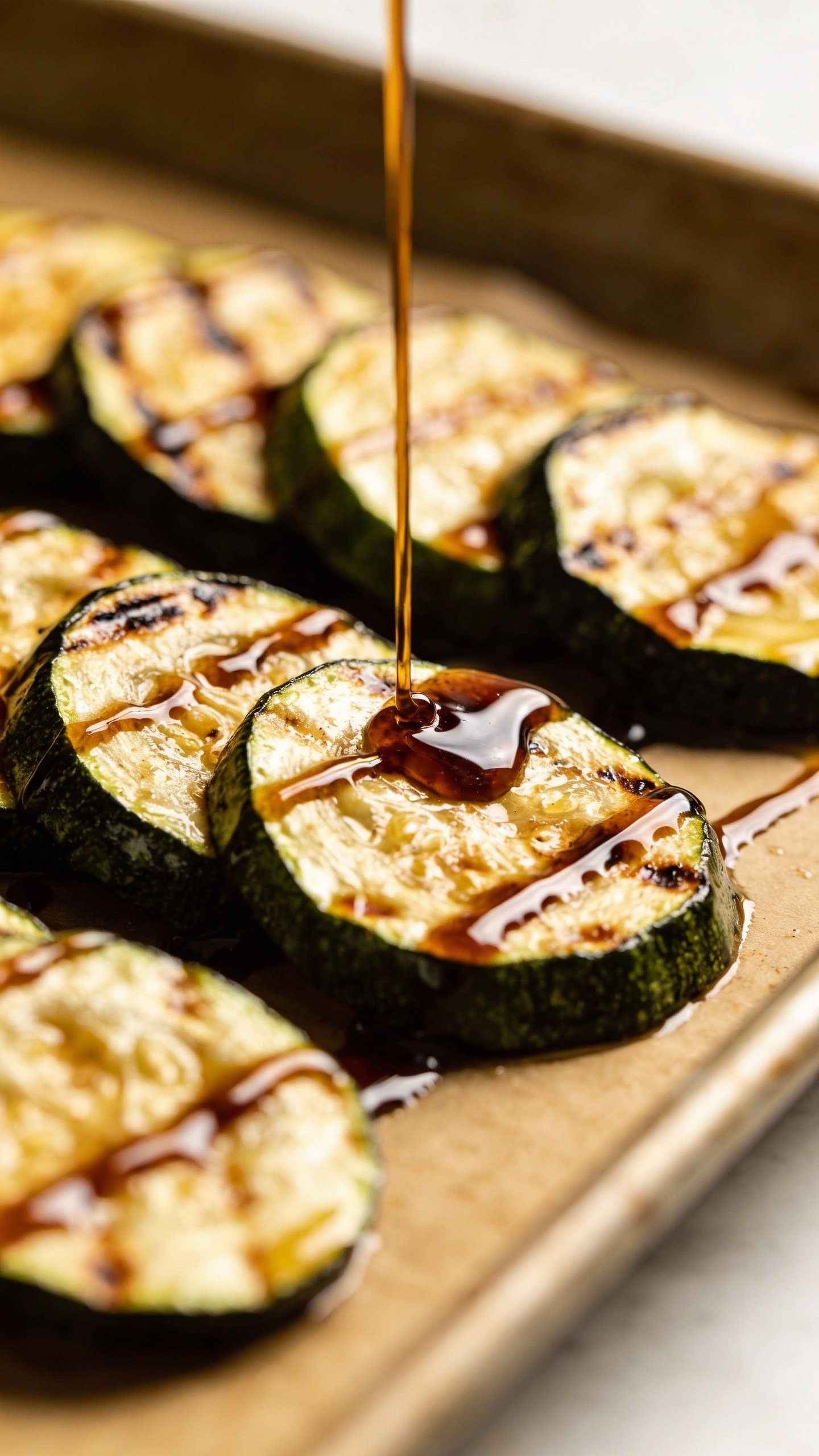 single sheet pan of caramelized zucchini, glossy balsamic drizzle