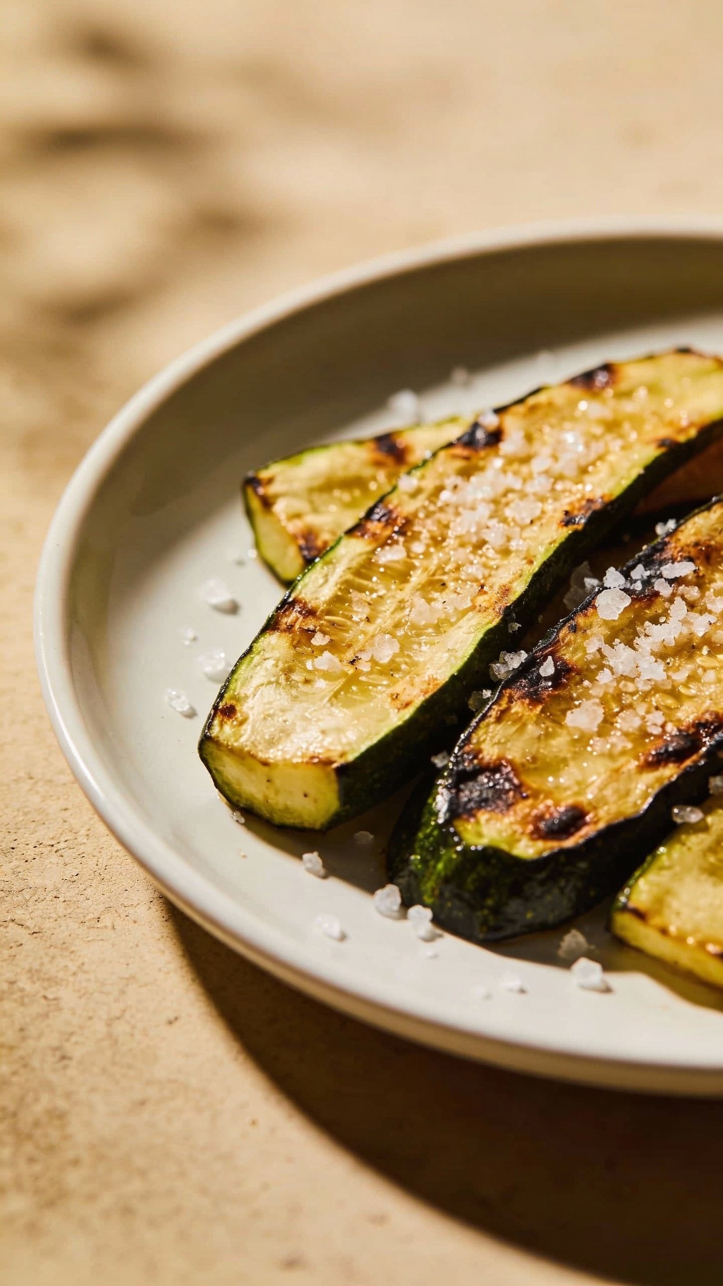 single white plate of roasted zucchini, charred edges, sea salt