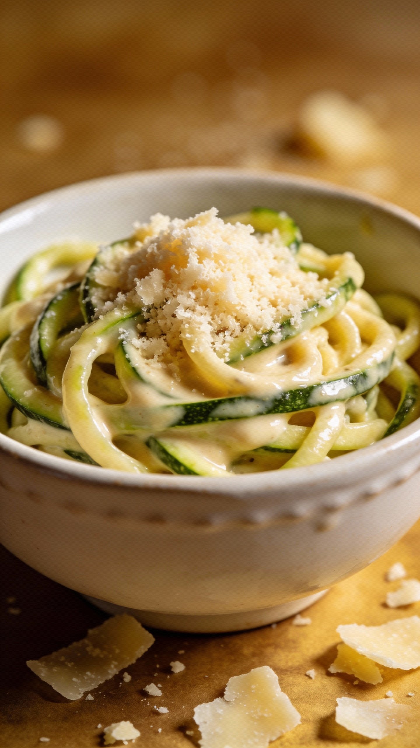 closeup bowl of zucchini noodle alfredo with parmesan garnish