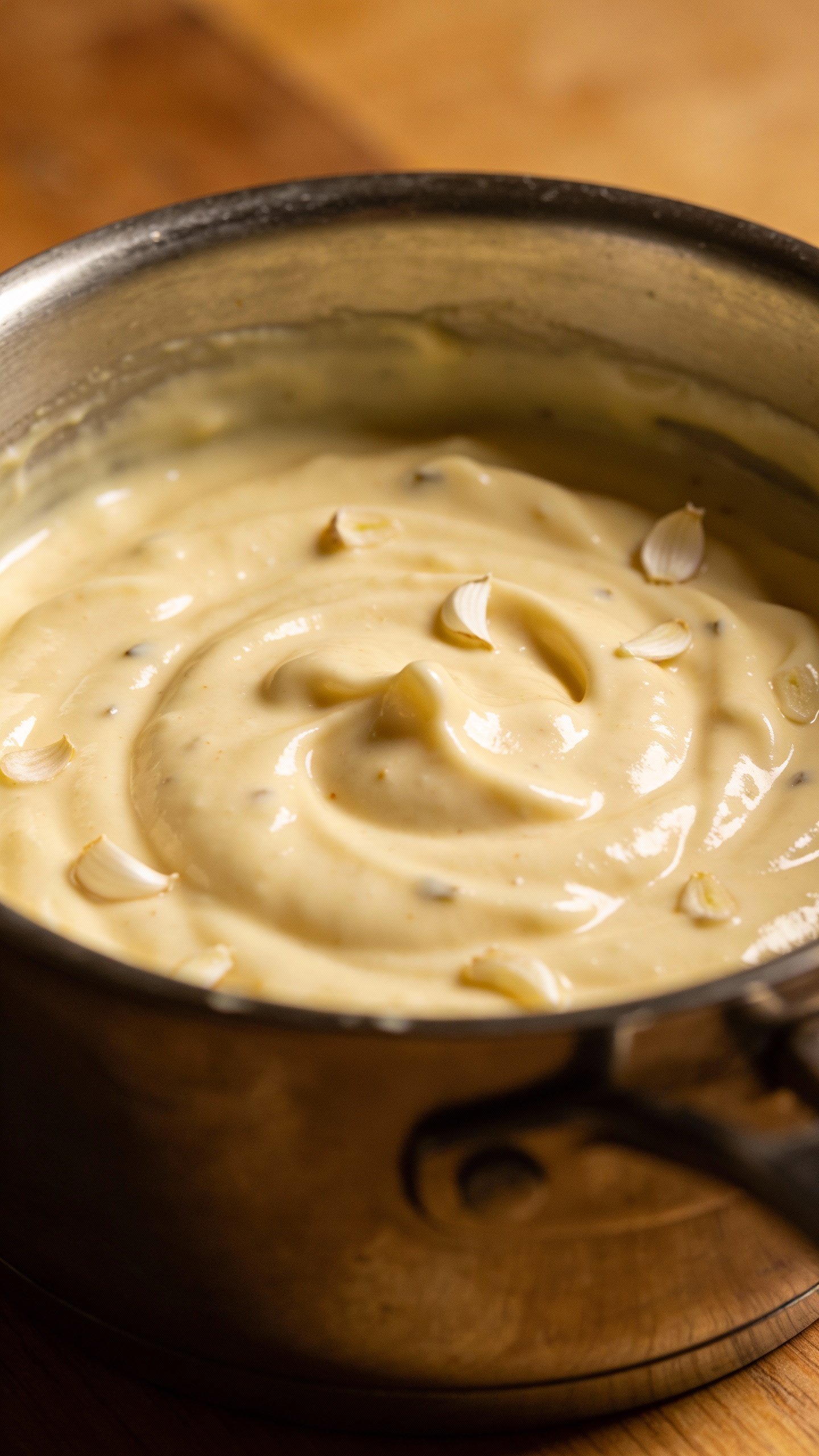 saucepan of creamy alfredo sauce with visible garlic flecks