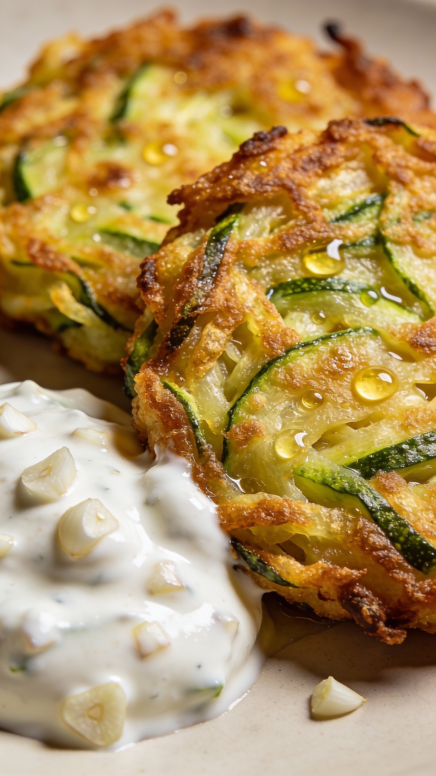 crispy zucchini fritter dipped in garlic yogurt sauce, macro