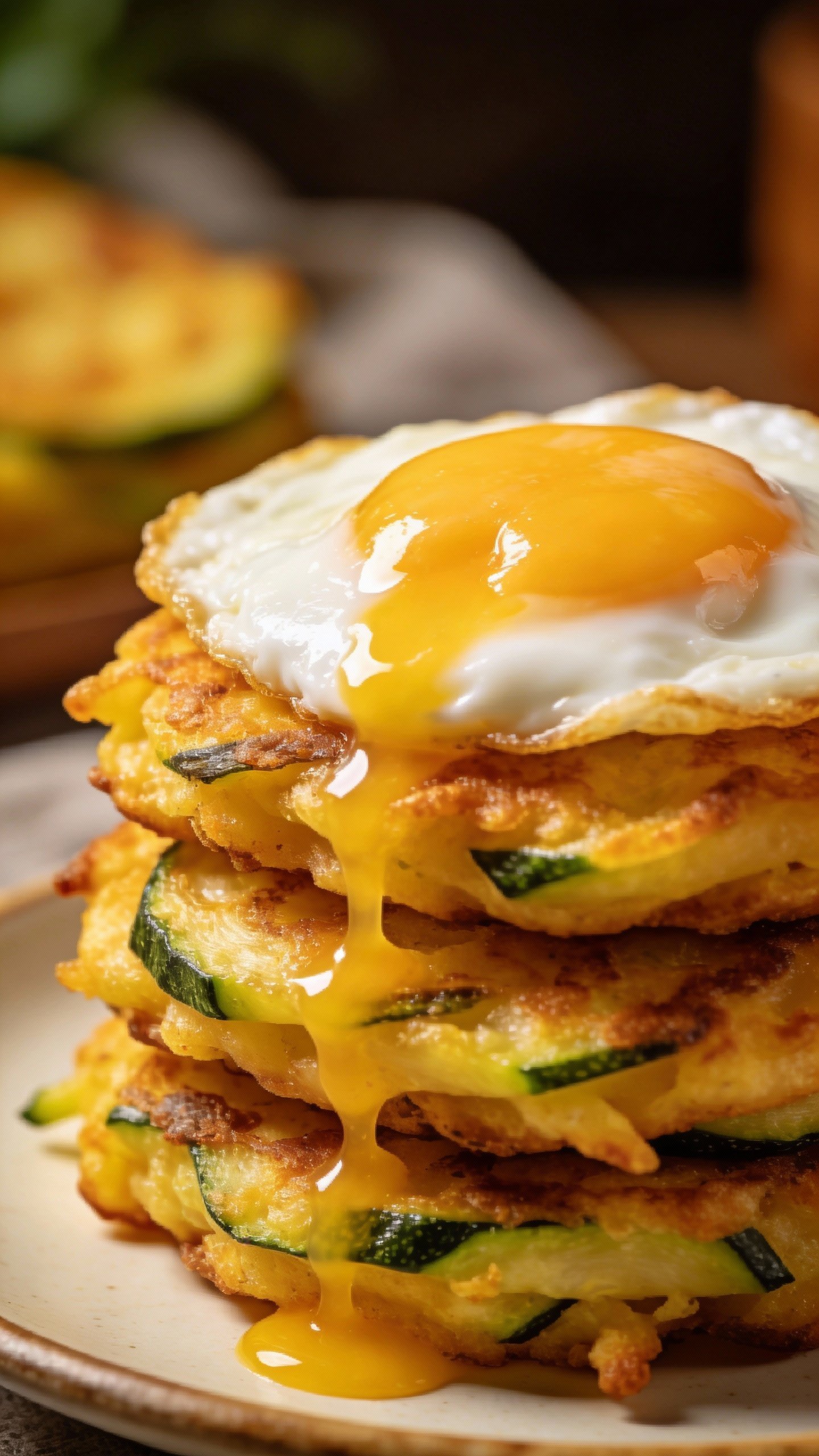 stack of golden zucchini fritters with runny fried egg on top