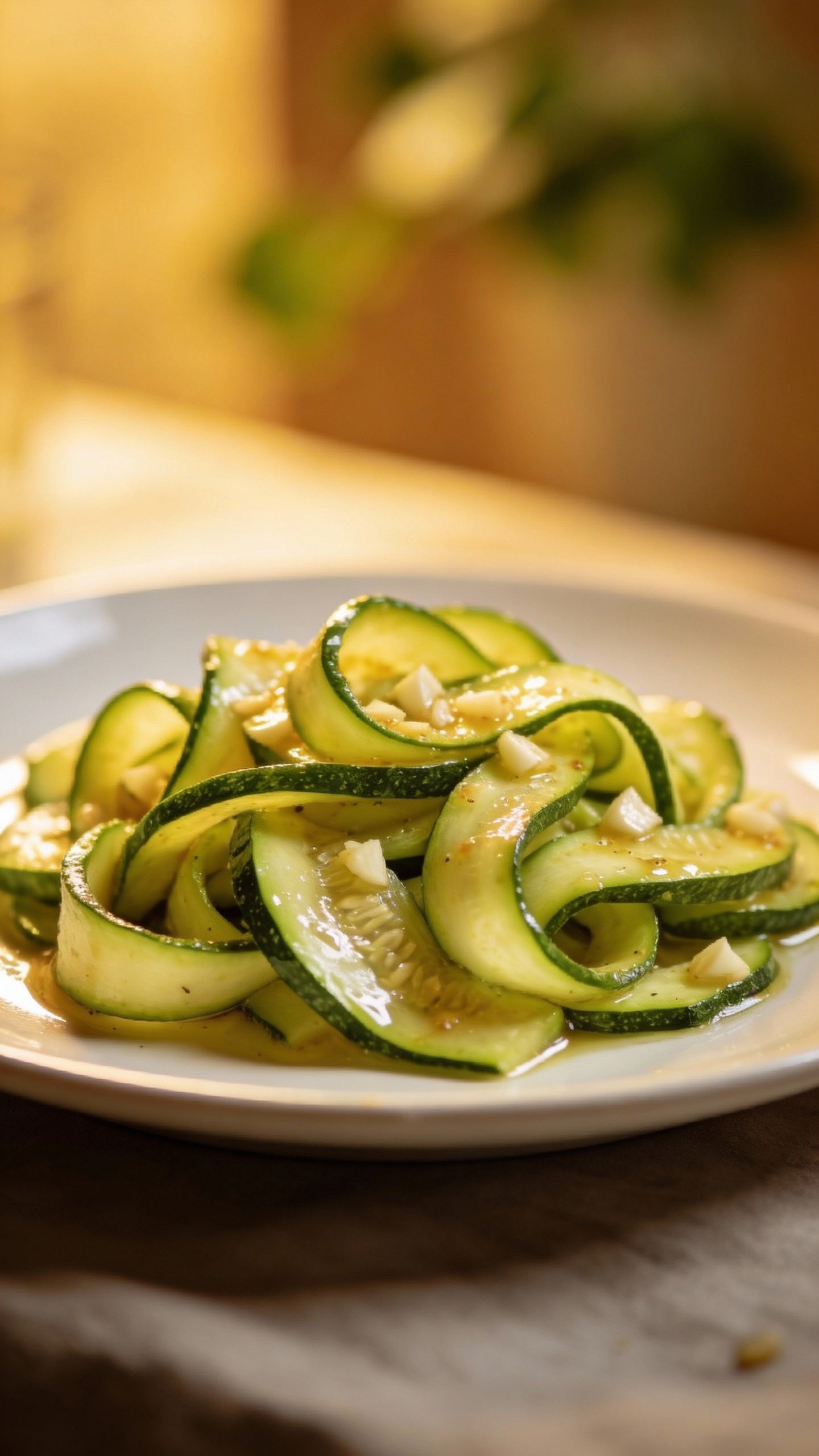 single white plate of glossy garlic-butter zucchini ribbons