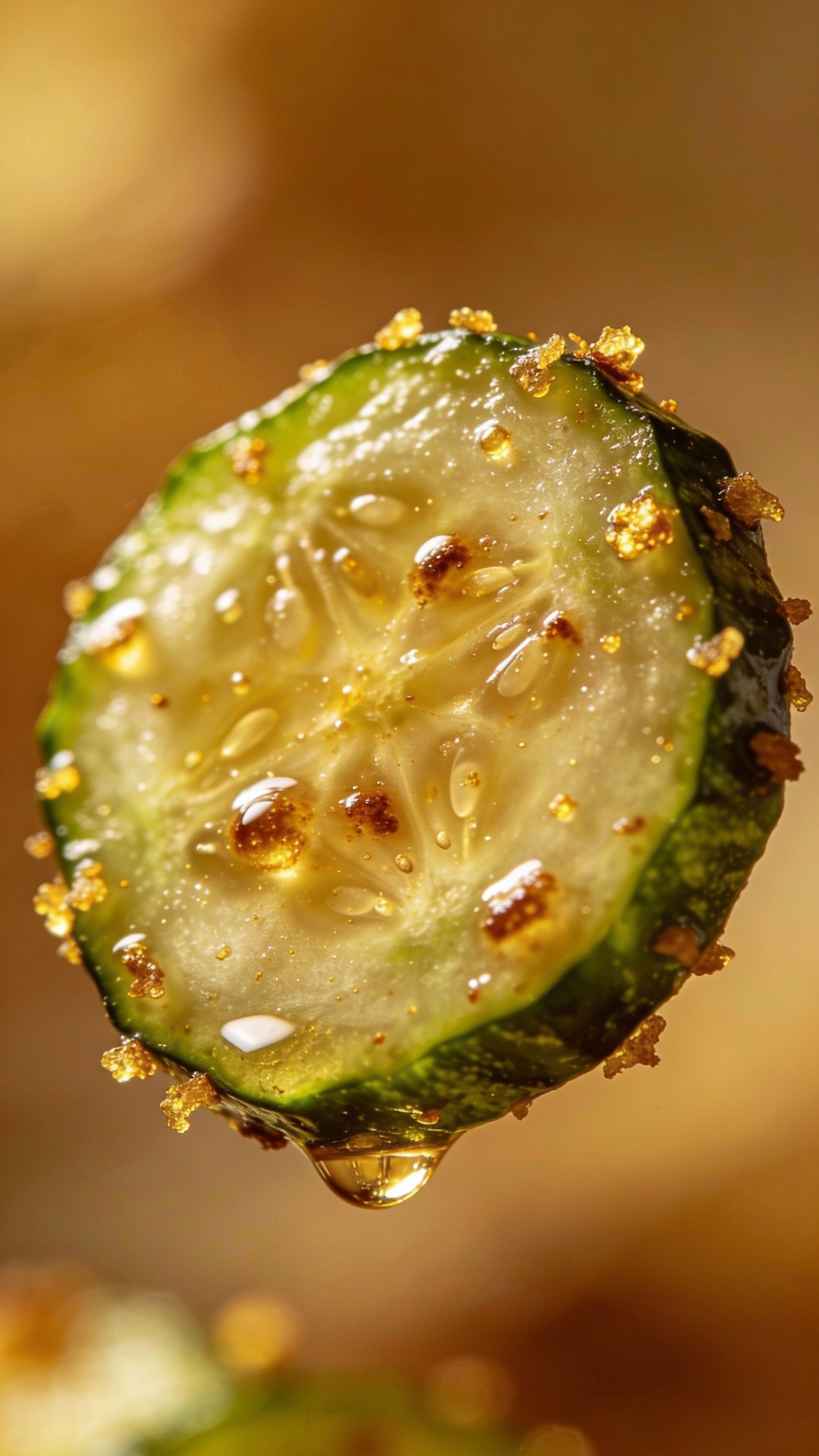 macro shot of zucchini round glistening in browned butter flecks