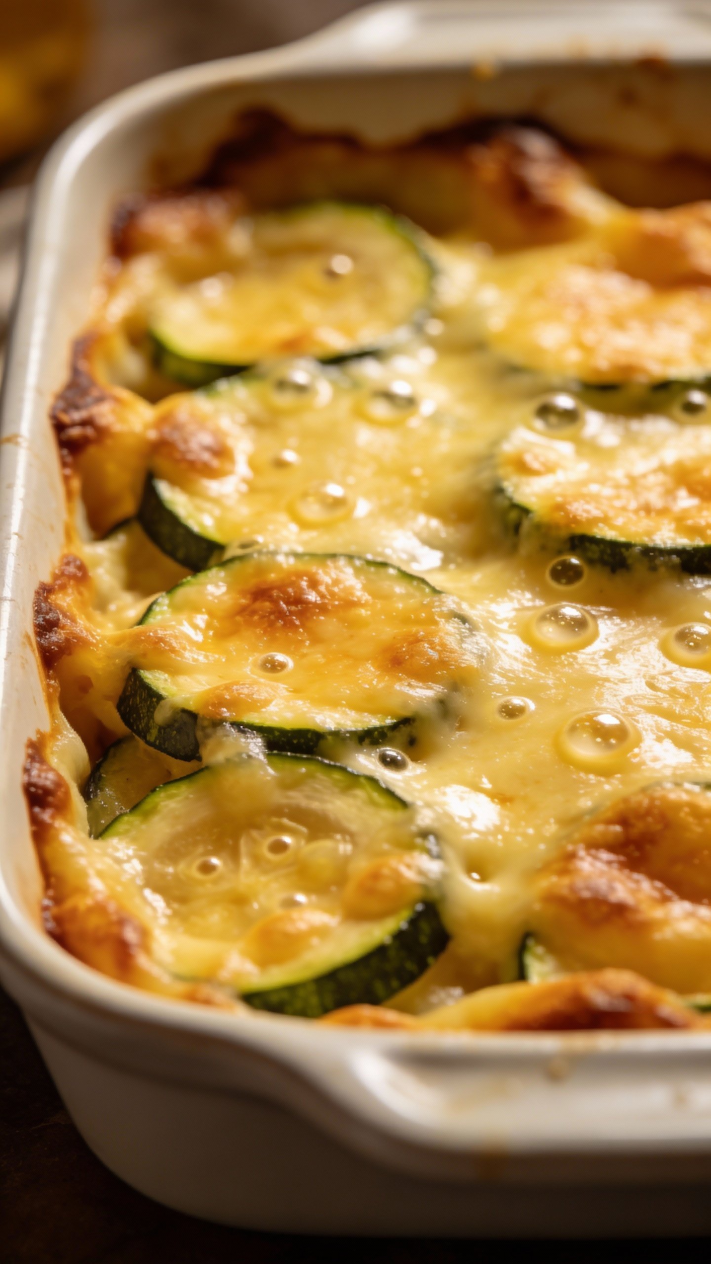bubbling cheesy zucchini casserole in white ceramic baking dish