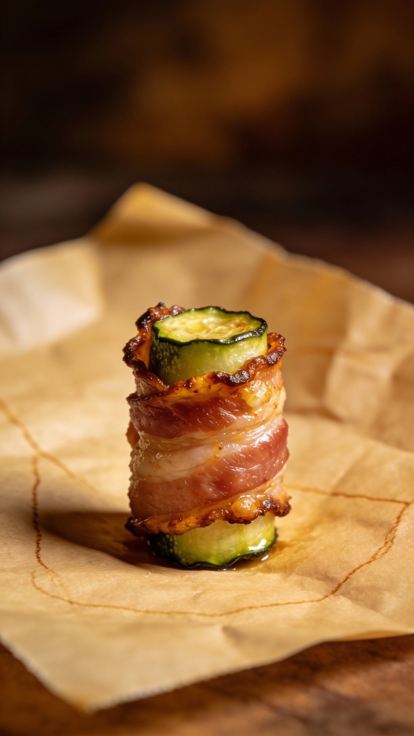 closeup of bacon-wrapped zucchini bite on parchment