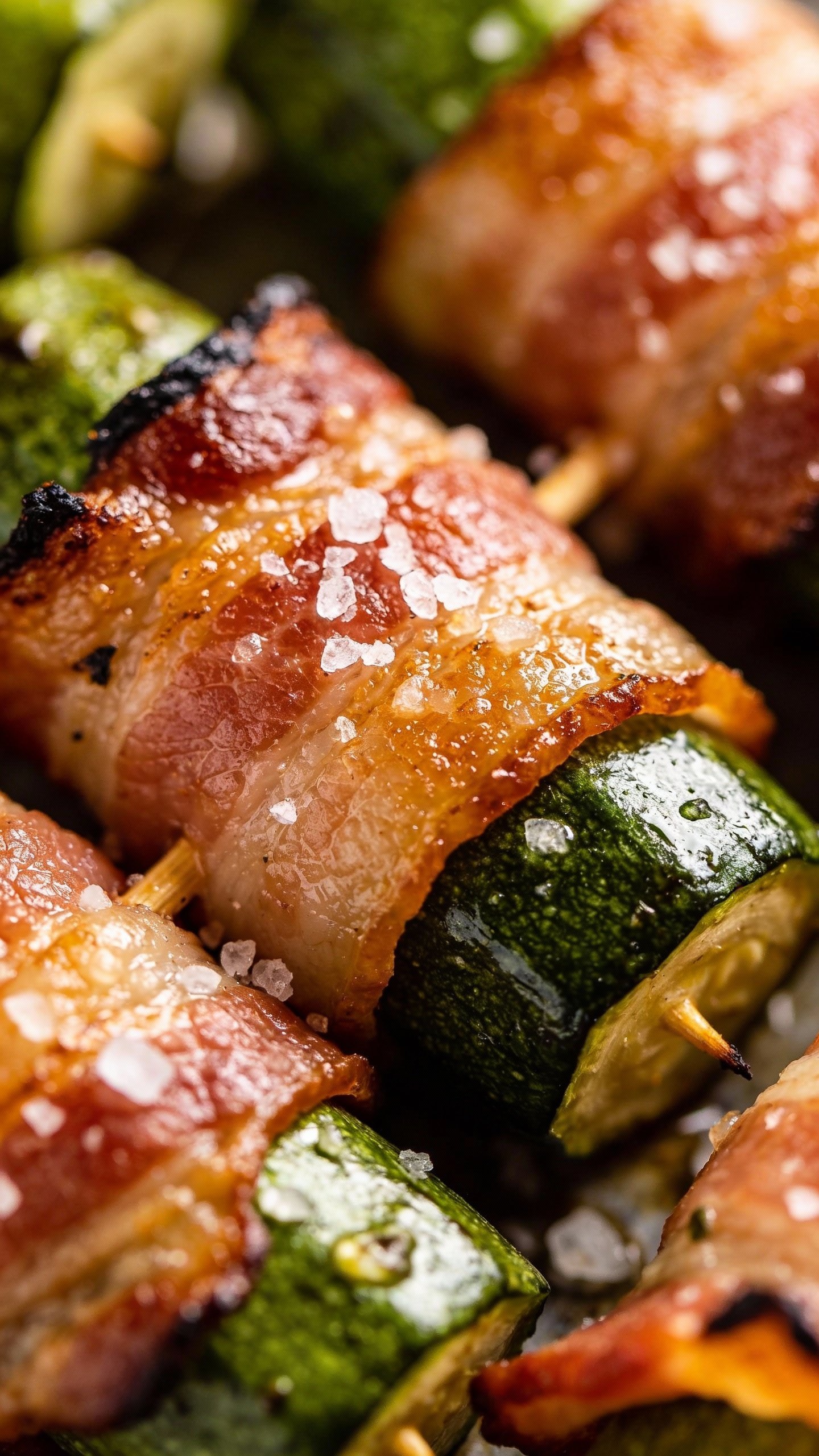 macro shot of crispy bacon-wrapped zucchini with sea salt