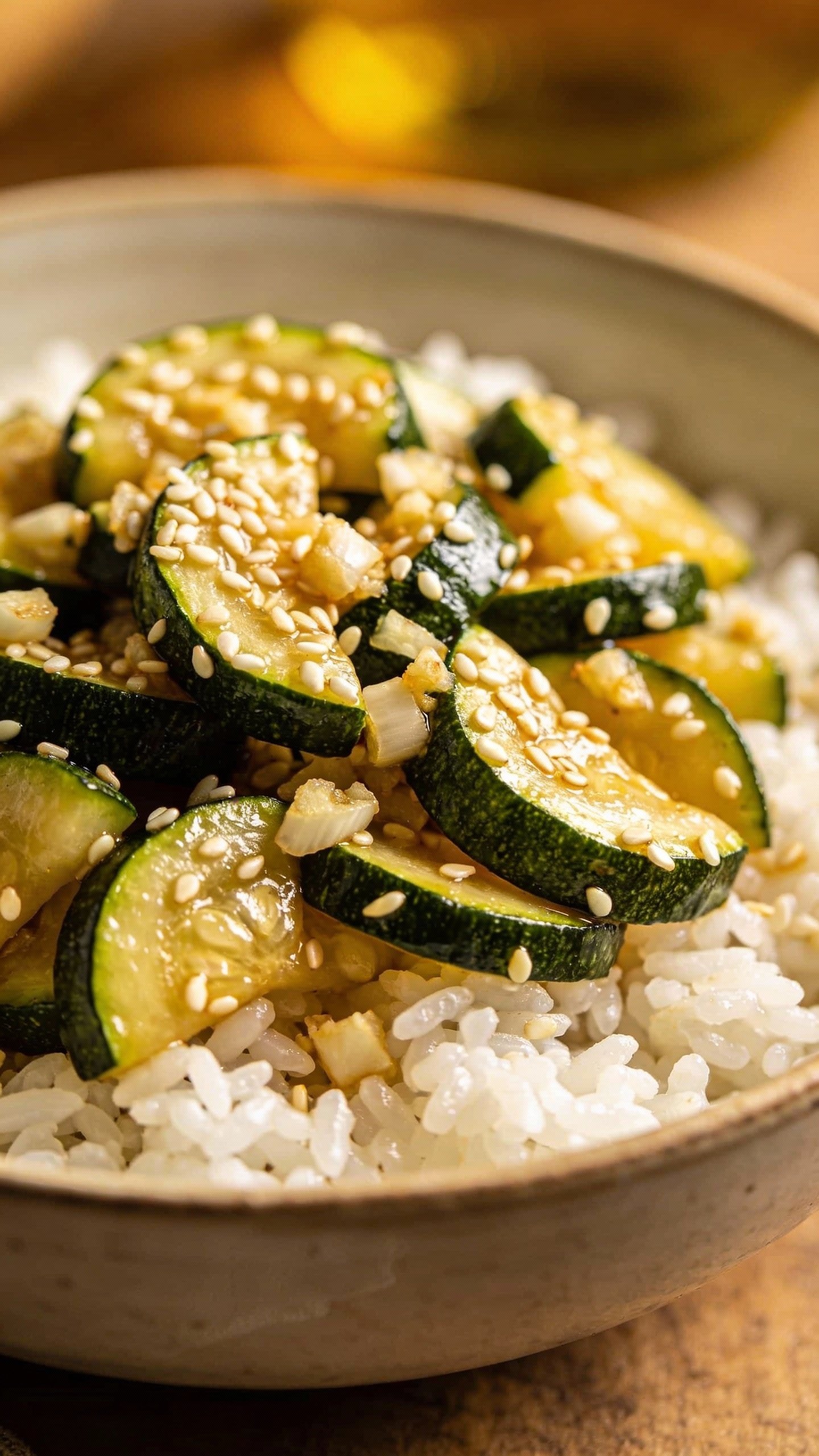 Closeup bowl of sesame-garlic zucchini stir-fry on rice