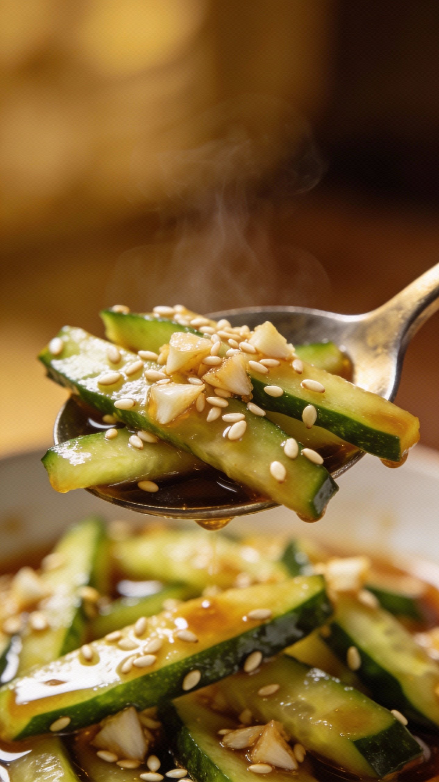 Spoonful of glossy garlic-sesame zucchini, steam rising