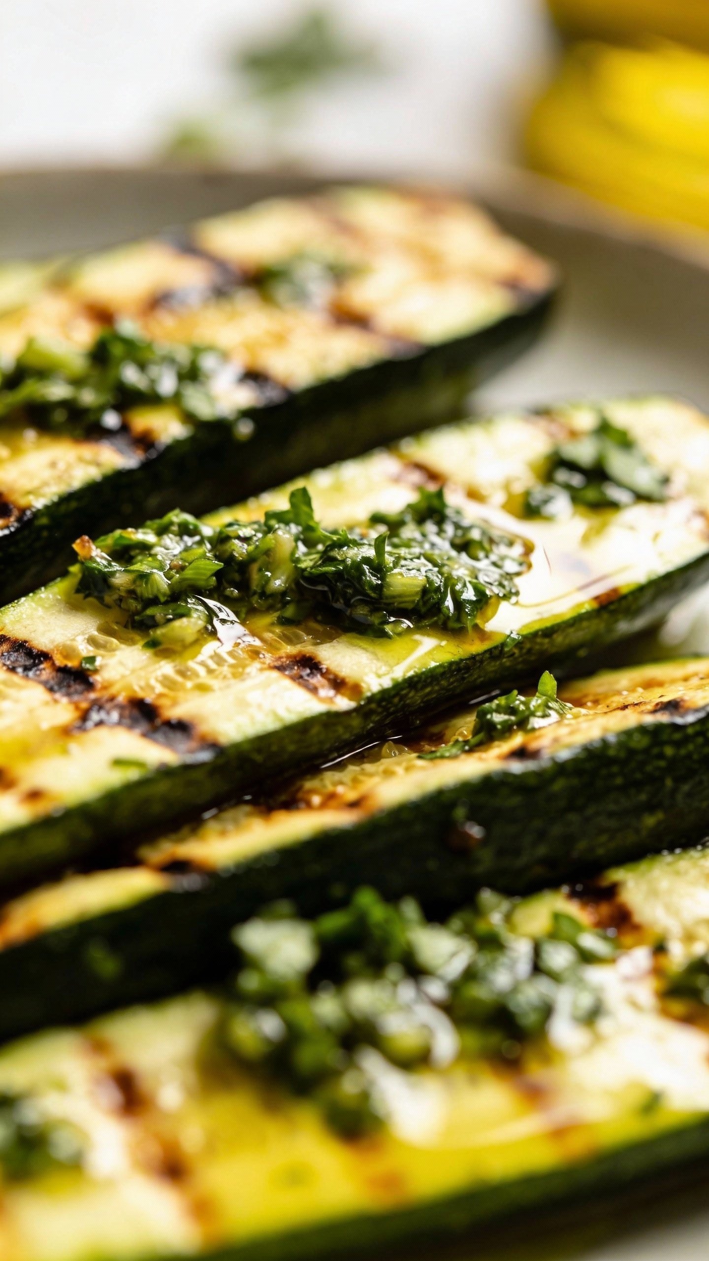 closeup grilled zucchini spears with chimichurri drizzle