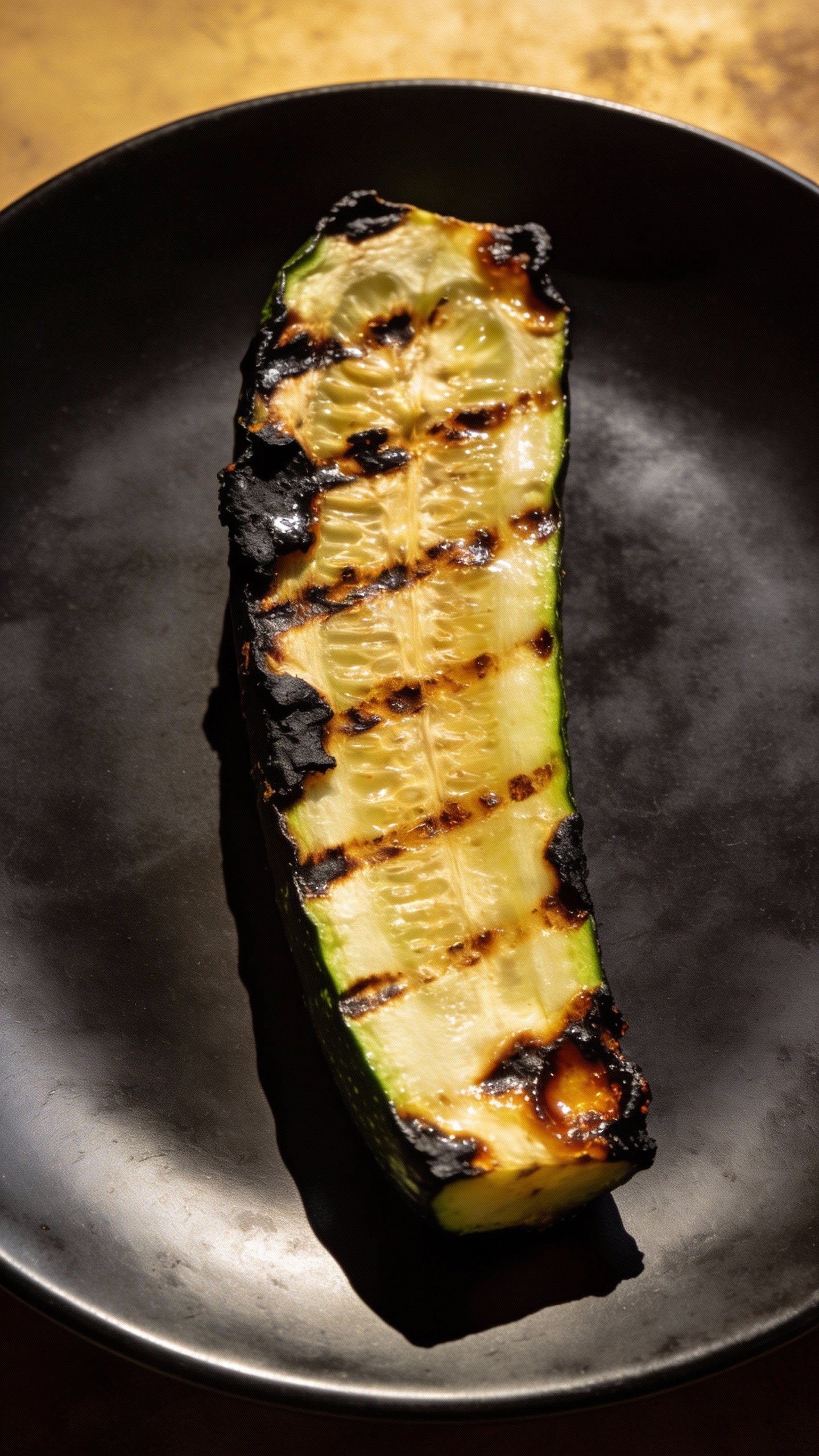 single charred zucchini plank on matte black plate