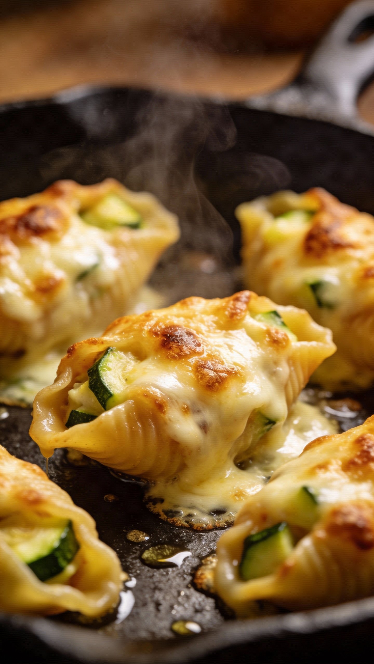 closeup of bubbling cheesy zucchini stuffed shell in skillet