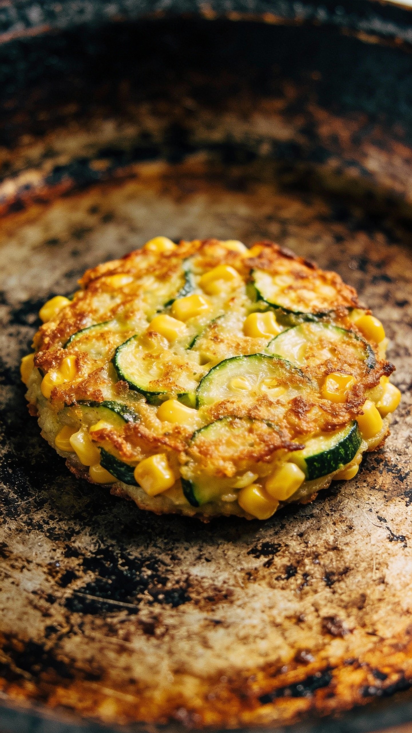 closeup of golden zucchini corn fritter on cast-iron skillet