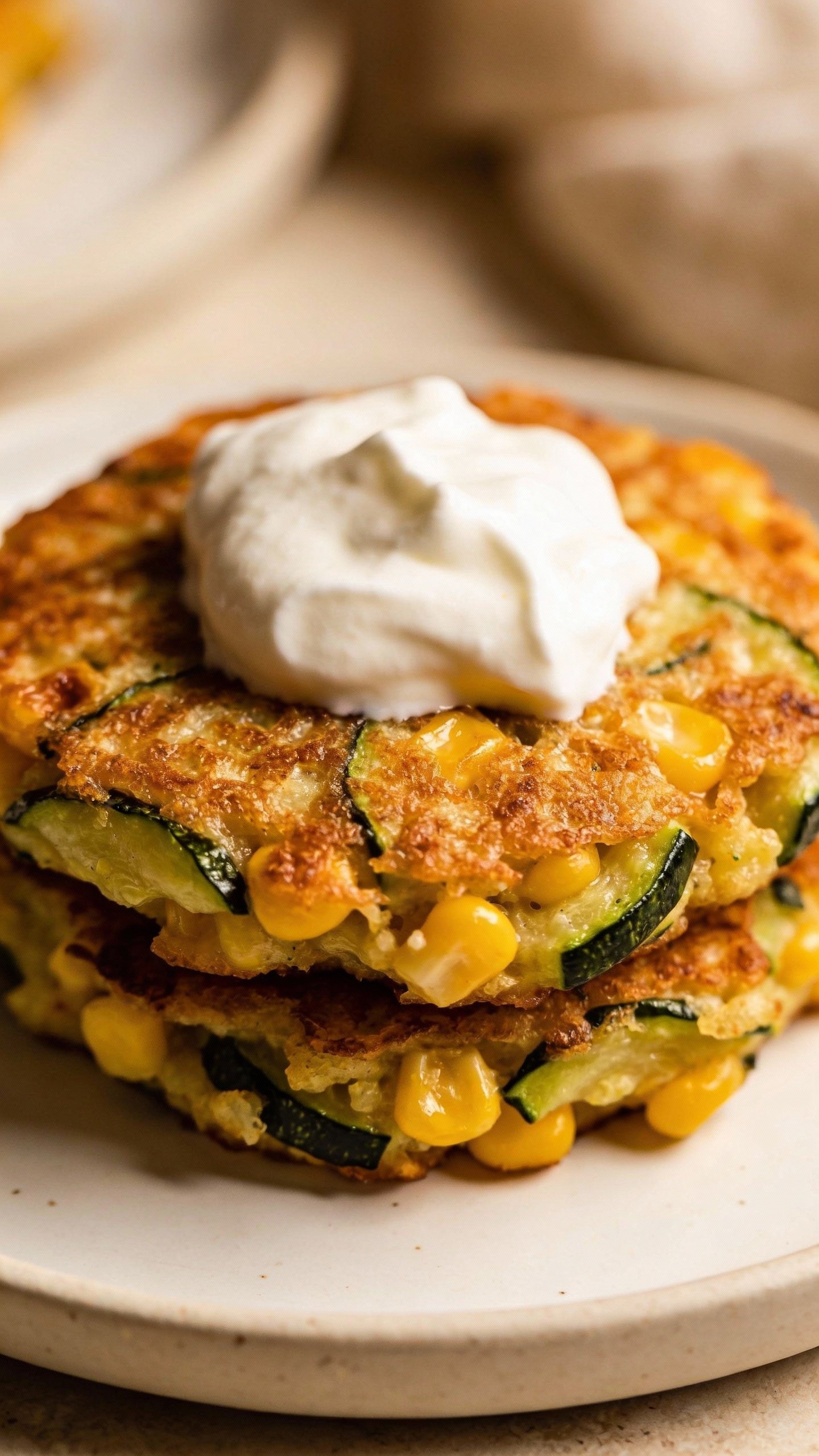 single zucchini corn fritter stacked on white plate, sour cream dollop