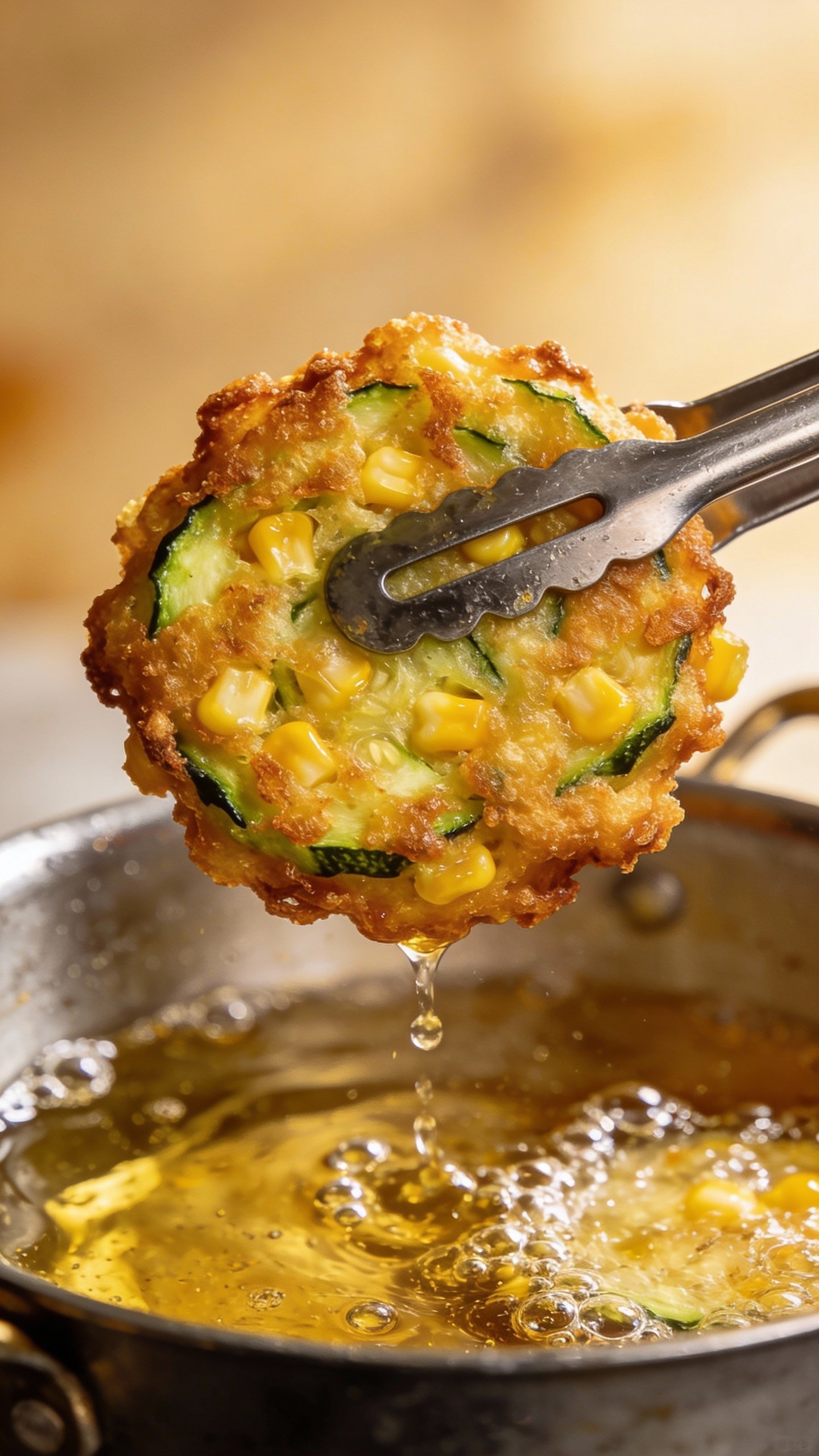 crispy zucchini corn fritter held by tongs over frying oil