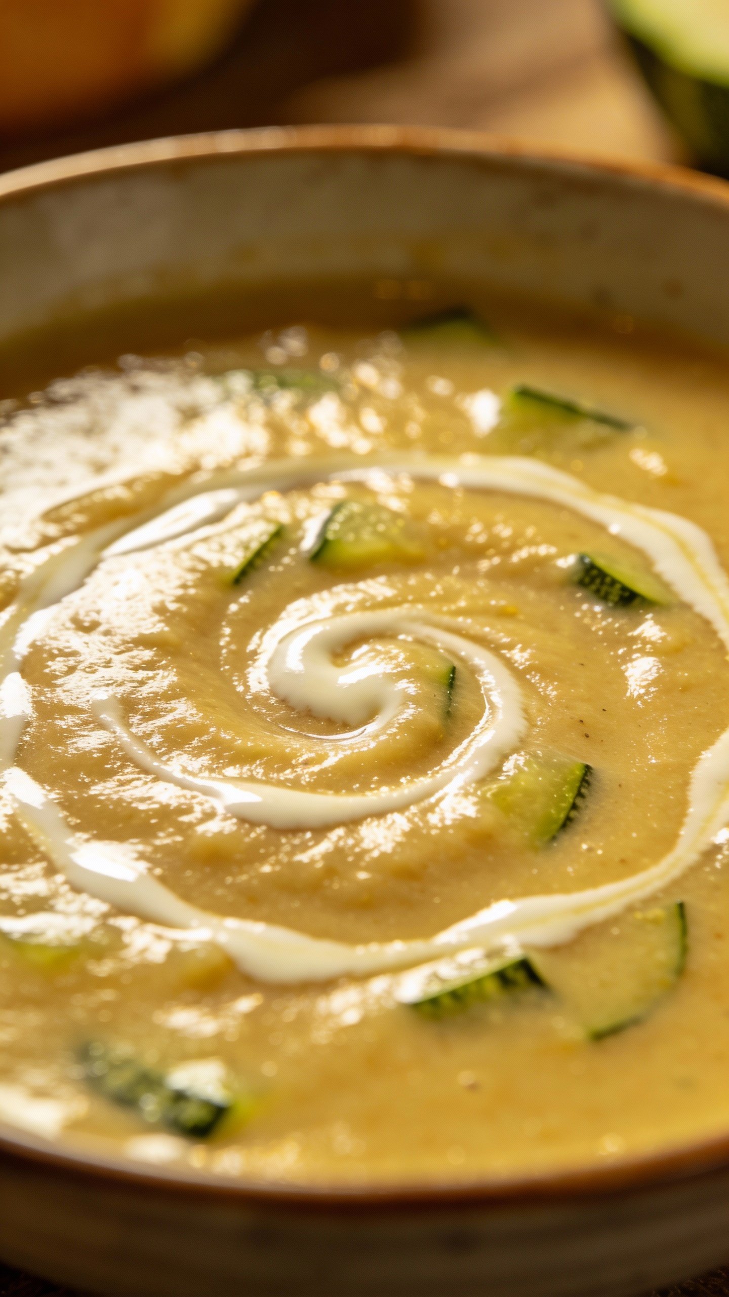 closeup bowl of creamy zucchini soup with swirled cream