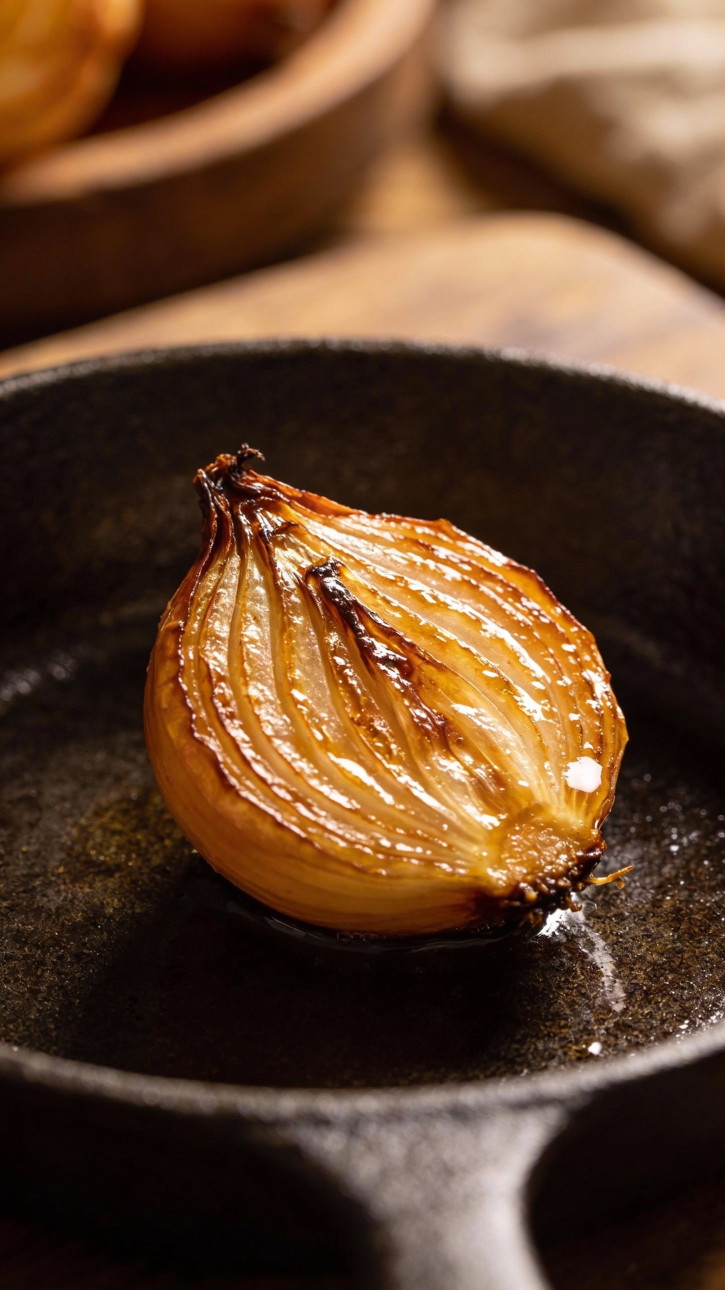 single caramelized onion half on dark skillet, glistening