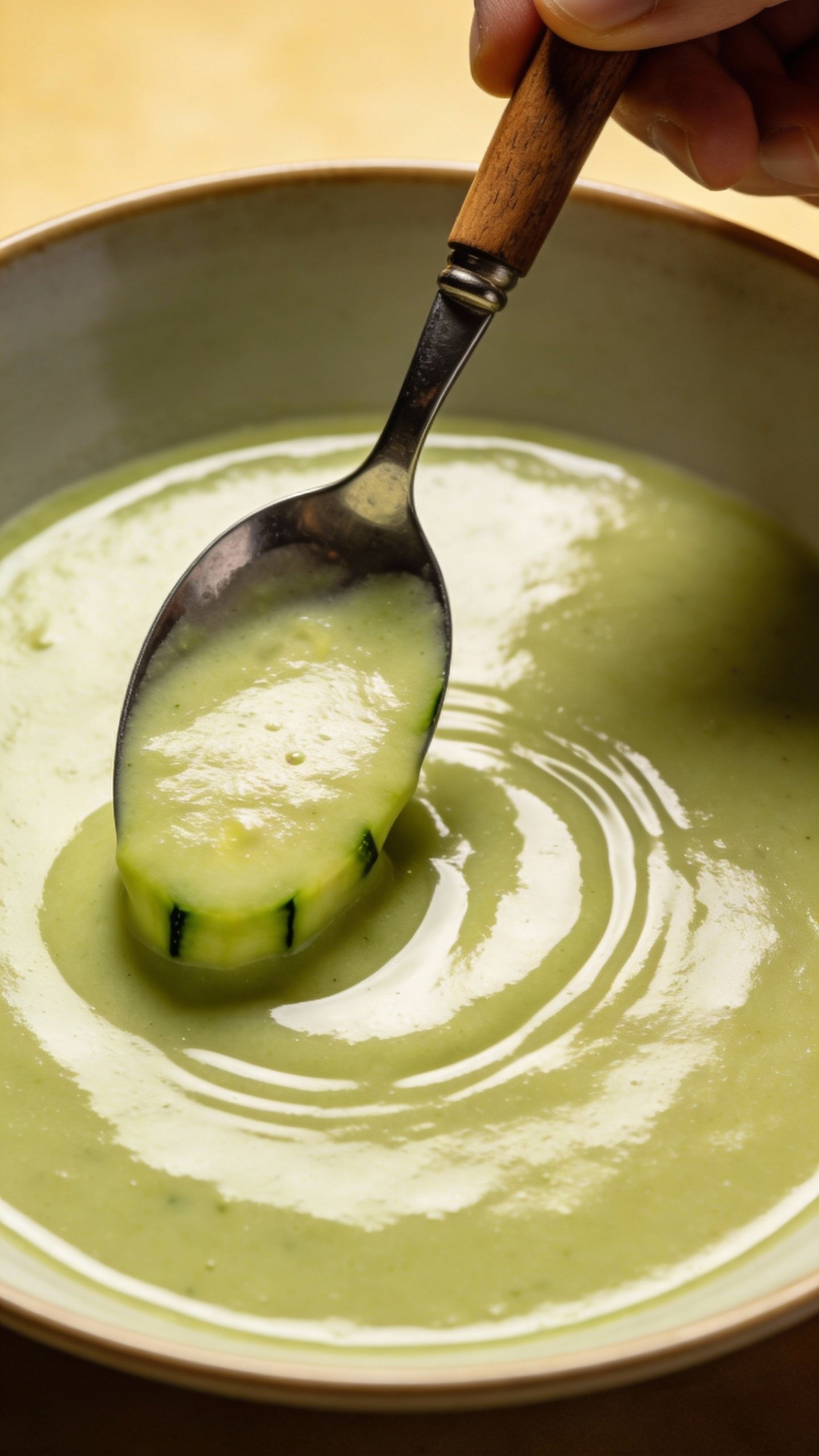 chef’s spoon dipping into silky zucchini soup, overhead shot