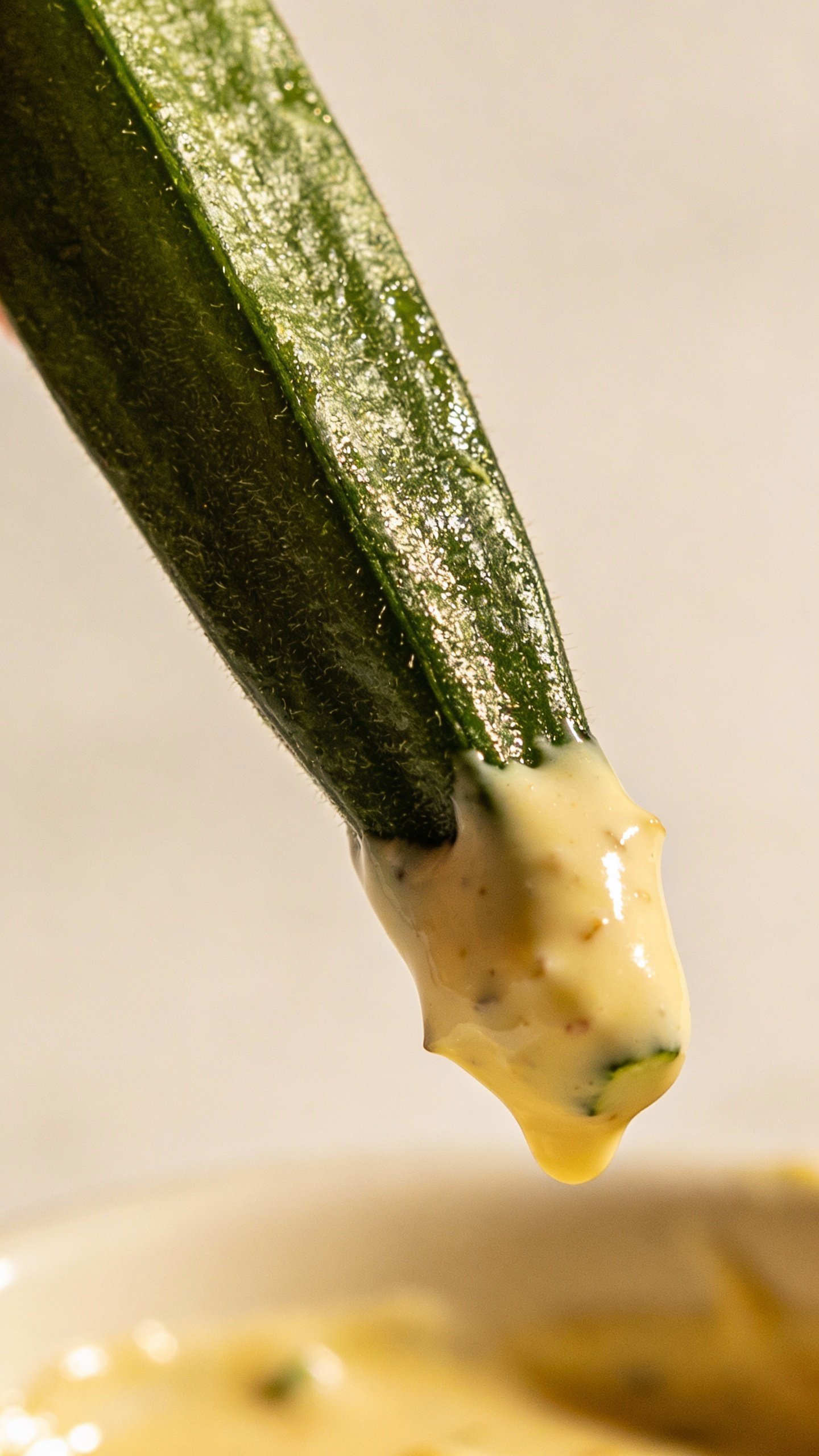 single zucchini spear dipped in creamy garlic aioli