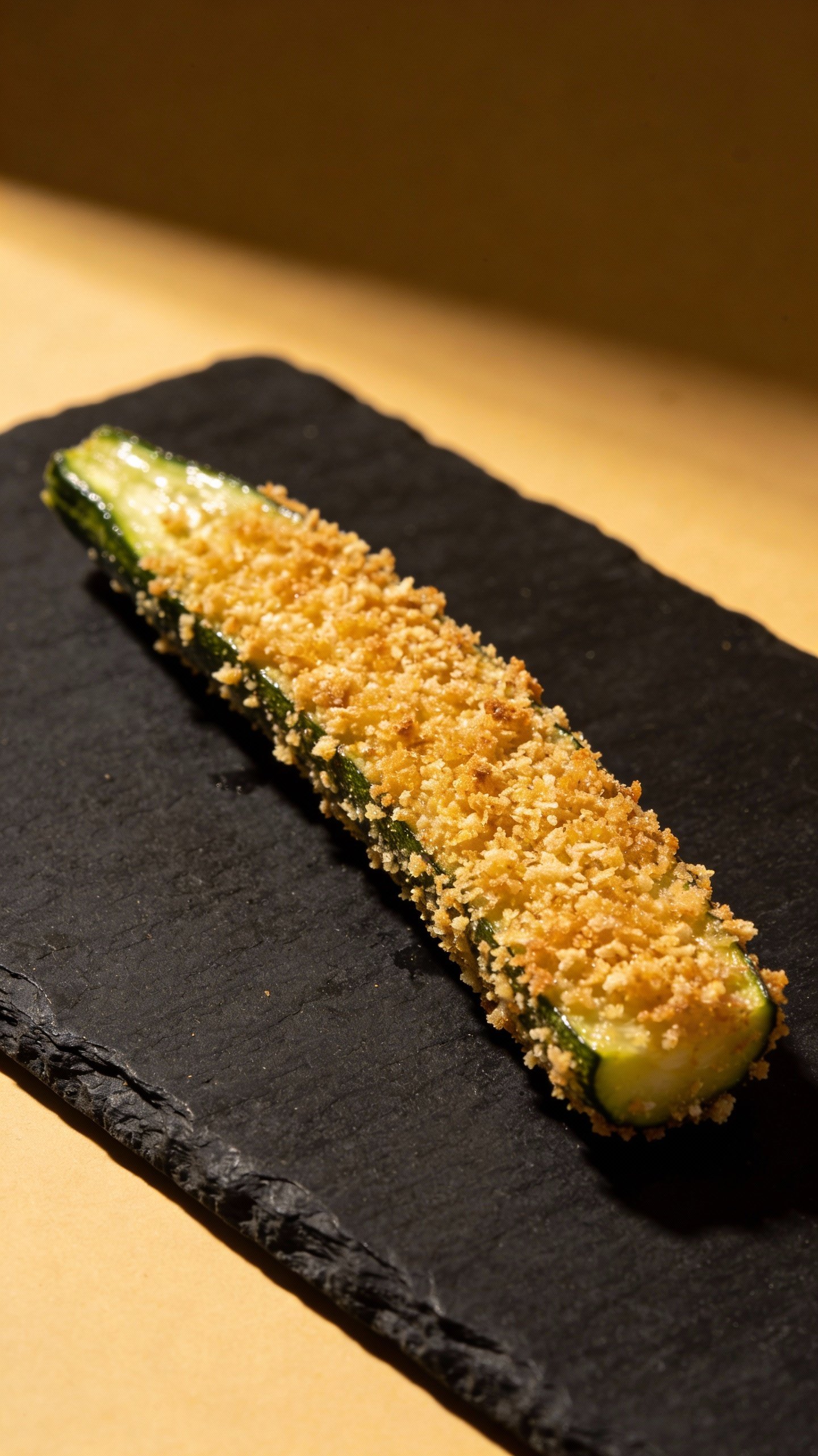 golden panko-coated zucchini spear on black slate plate