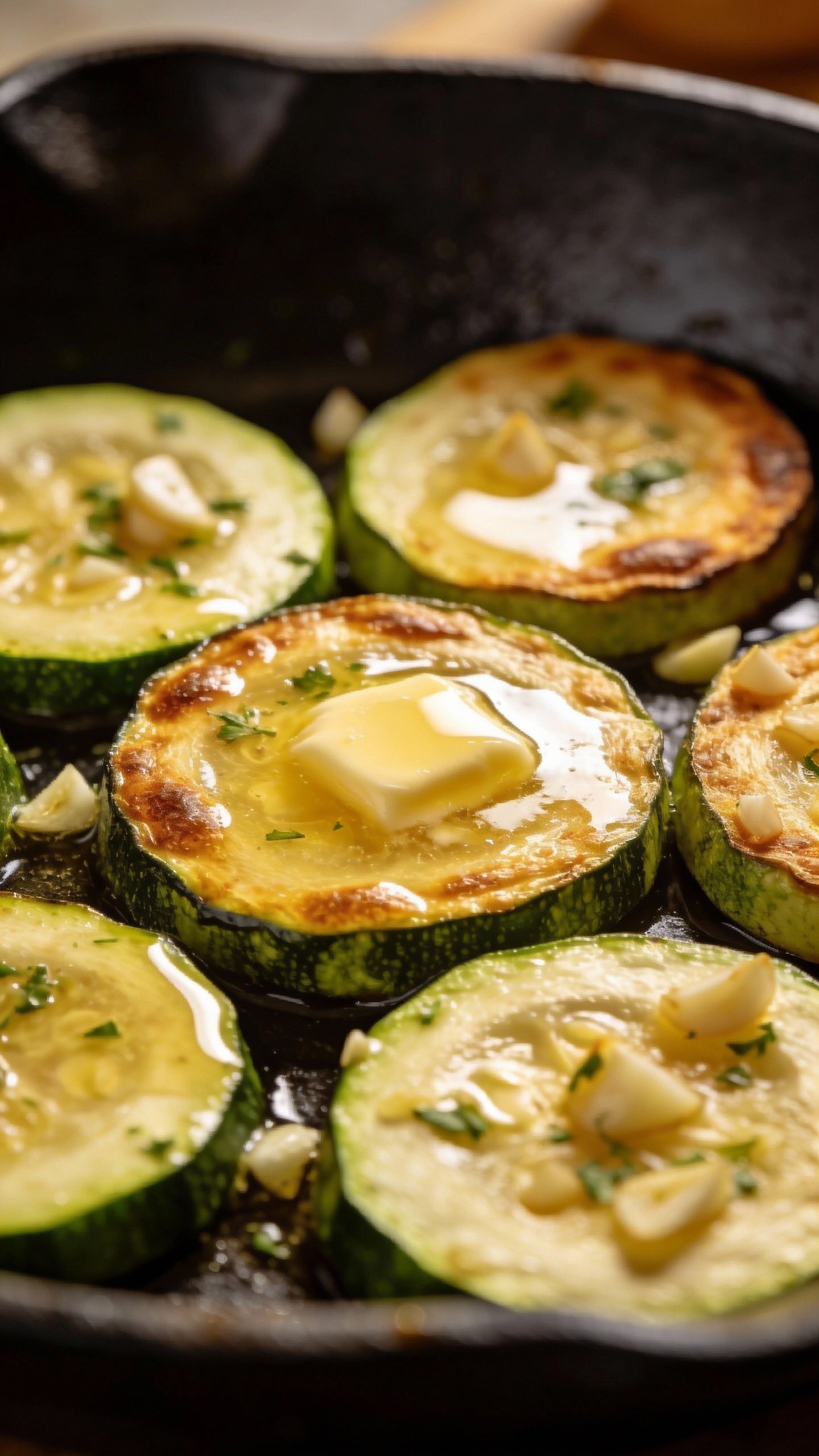 closeup of buttery garlic-herb zucchini rounds in cast-iron skillet