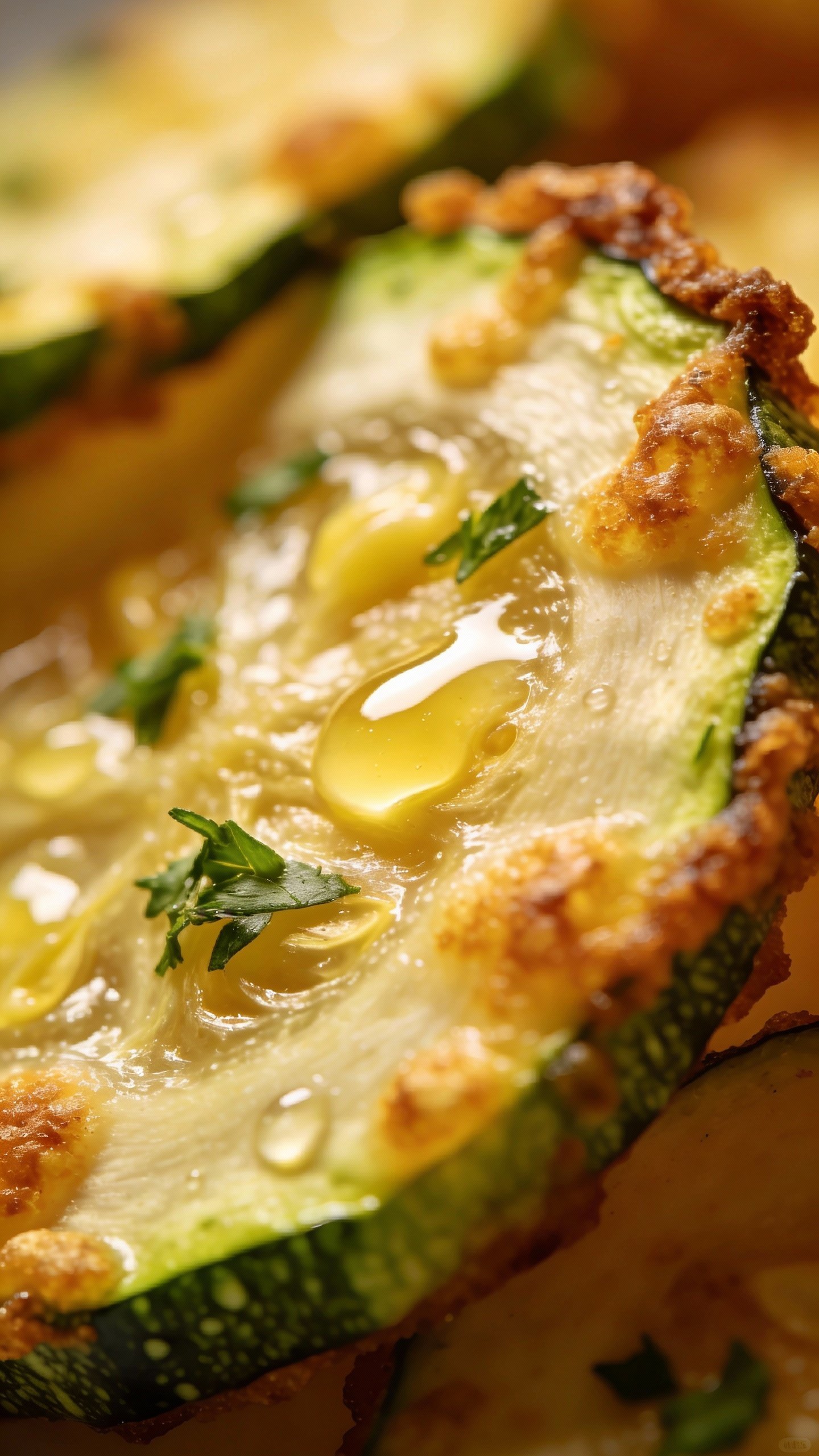macro shot of crispy-edged zucchini slice glistening with butter and herbs