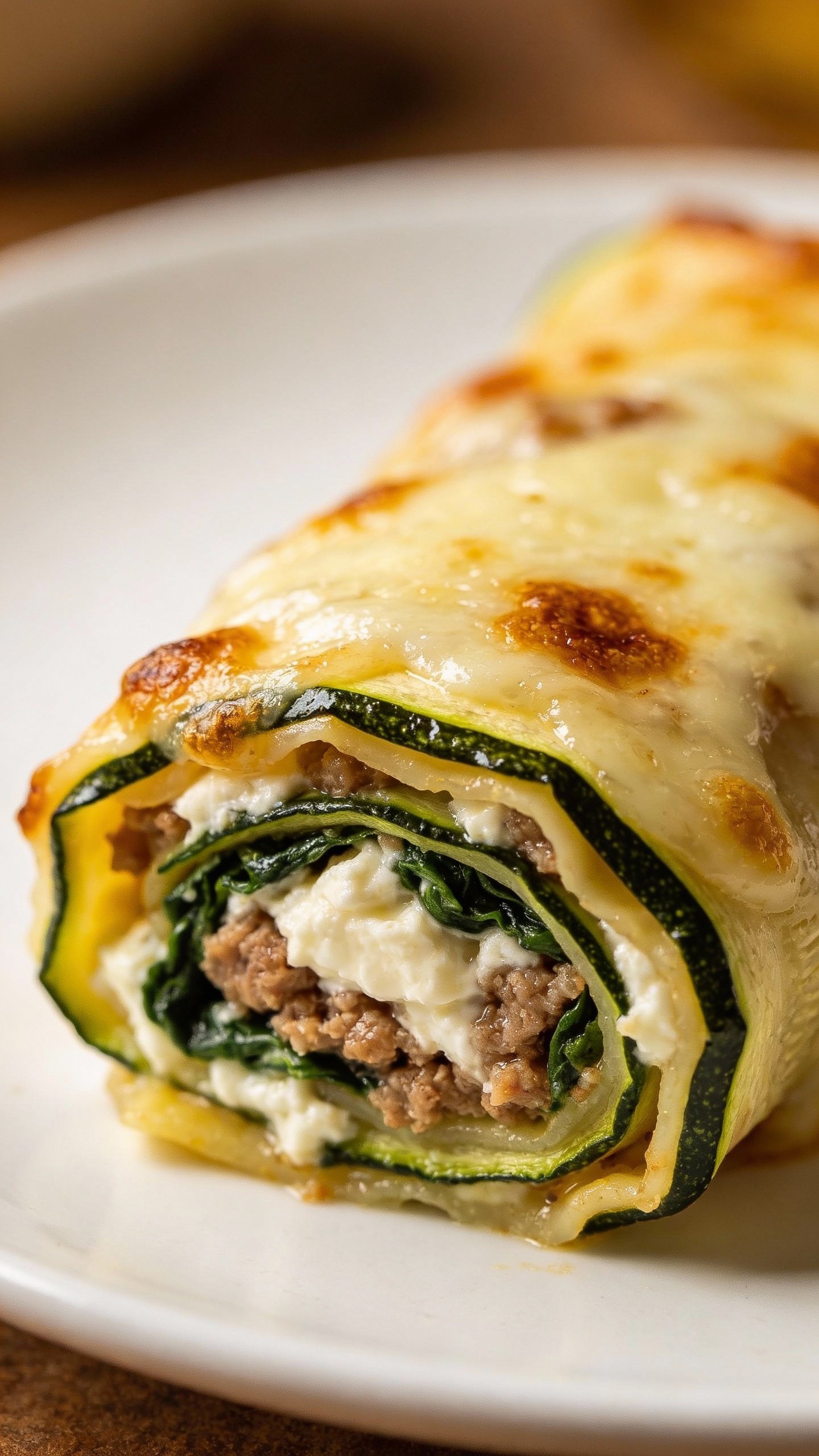 closeup of a single zucchini lasagna roll-up on white plate