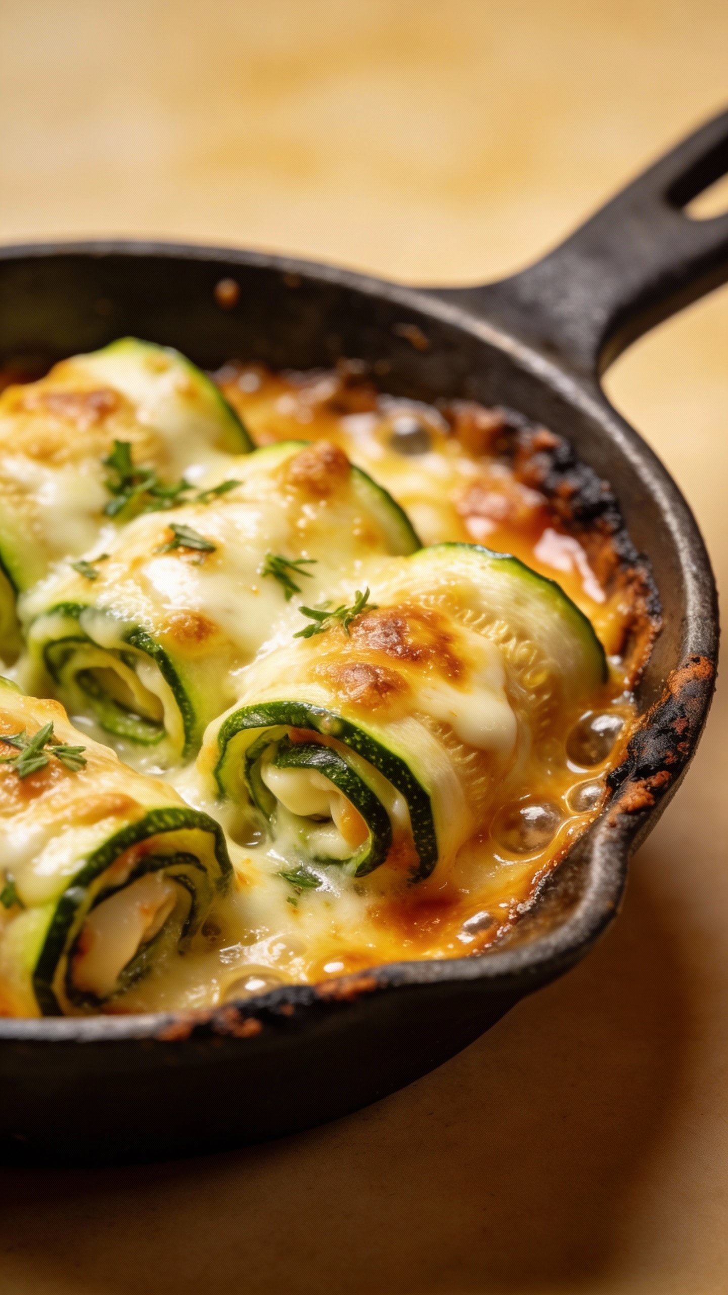 bubbling baked zucchini roll-up in small cast-iron skillet
