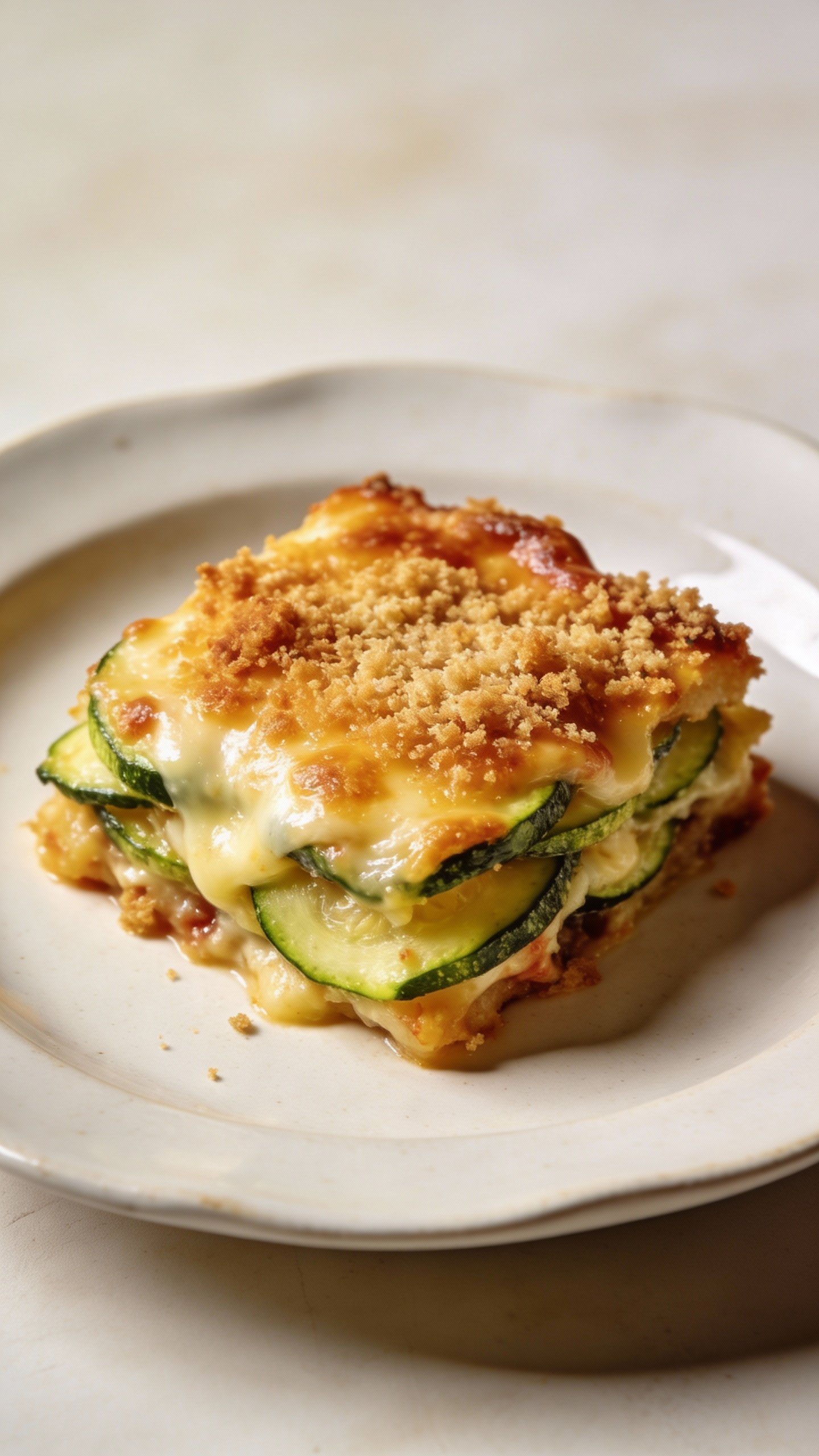 single serving of zucchini parmesan bake on white ceramic plate