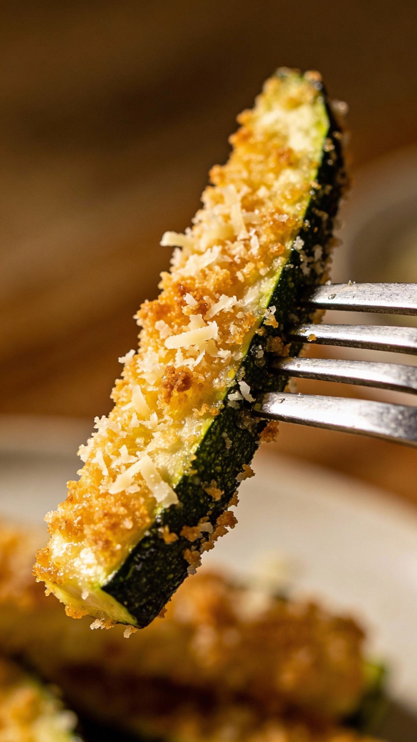 parmesan-dusted zucchini spear with golden crust on fork closeup