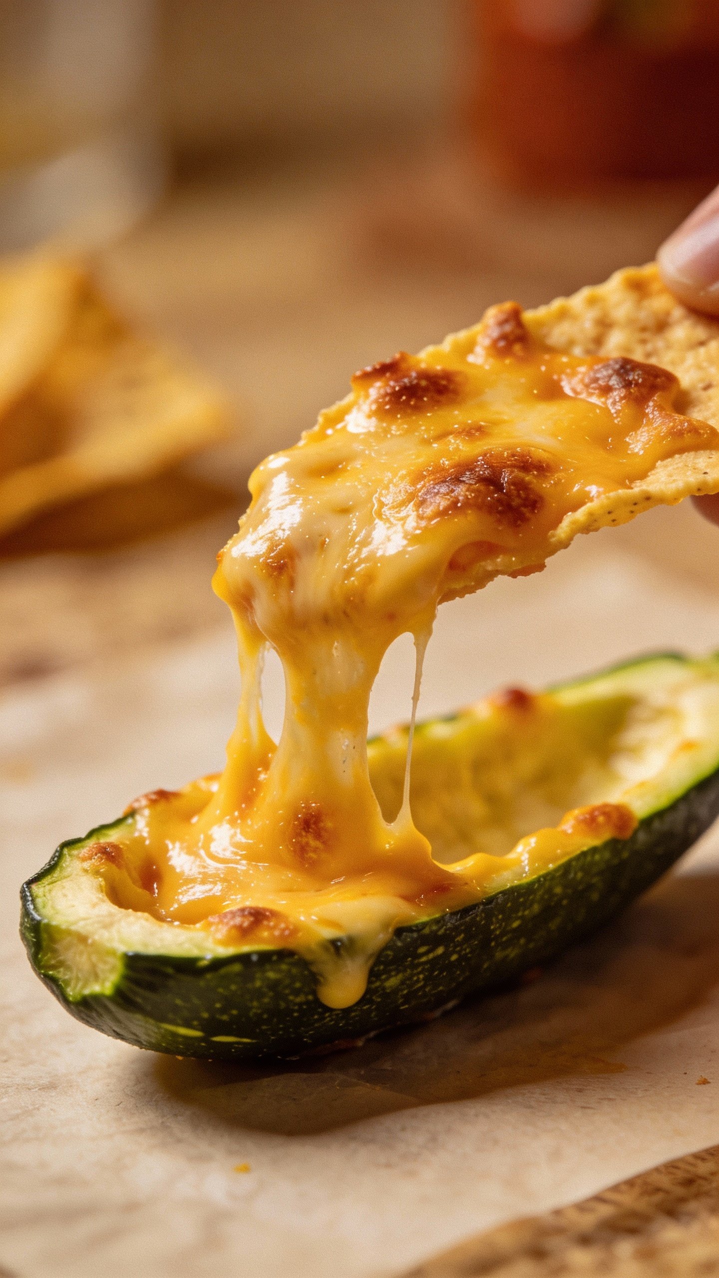 closeup single zucchini nacho boat with melty cheddar