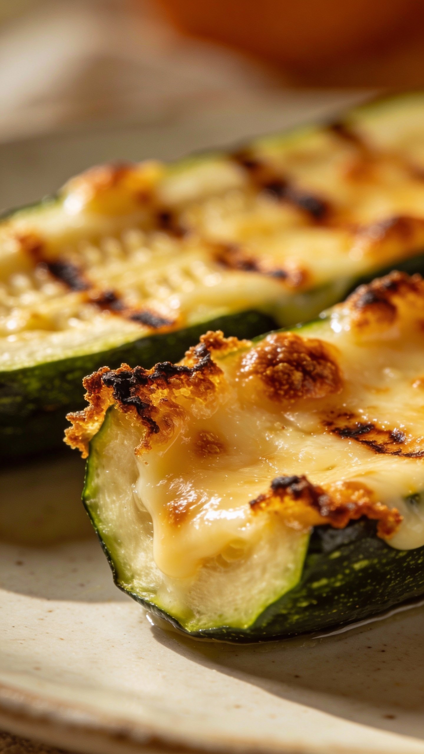 macro shot of crisped cheese edges on zucchini boat