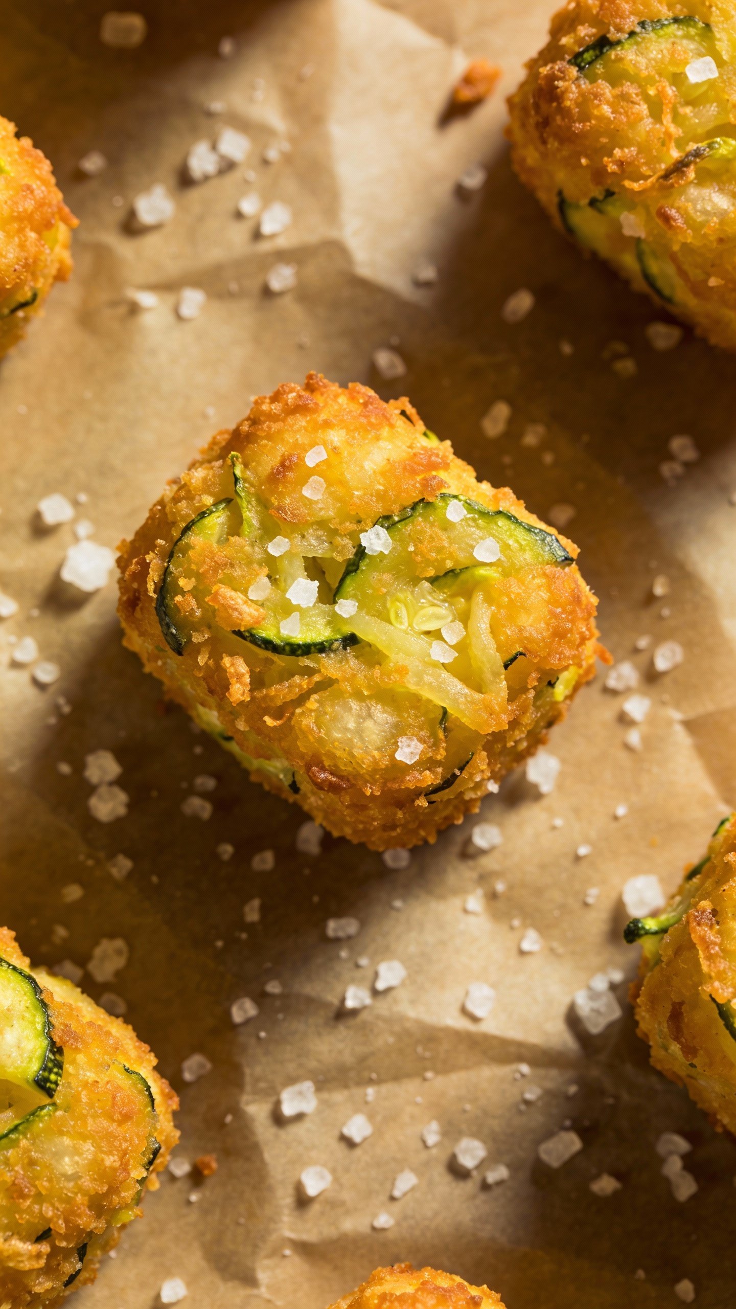 closeup of golden zucchini tot on parchment, coarse salt