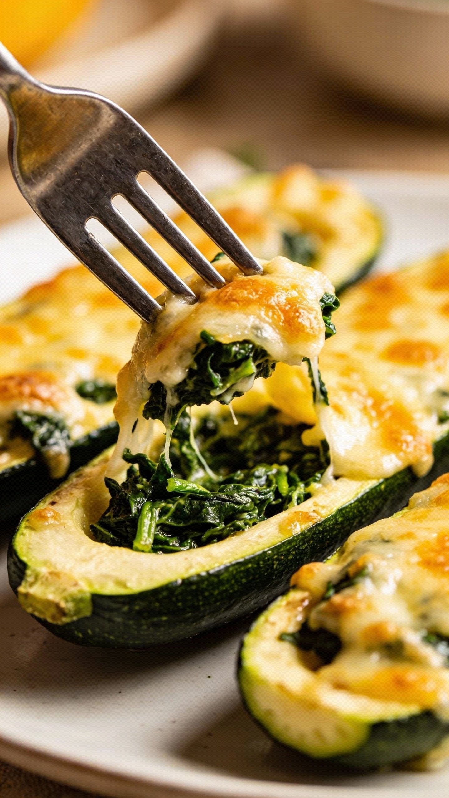 fork cutting into cheesy spinach-filled zucchini boat, shallow depth of field