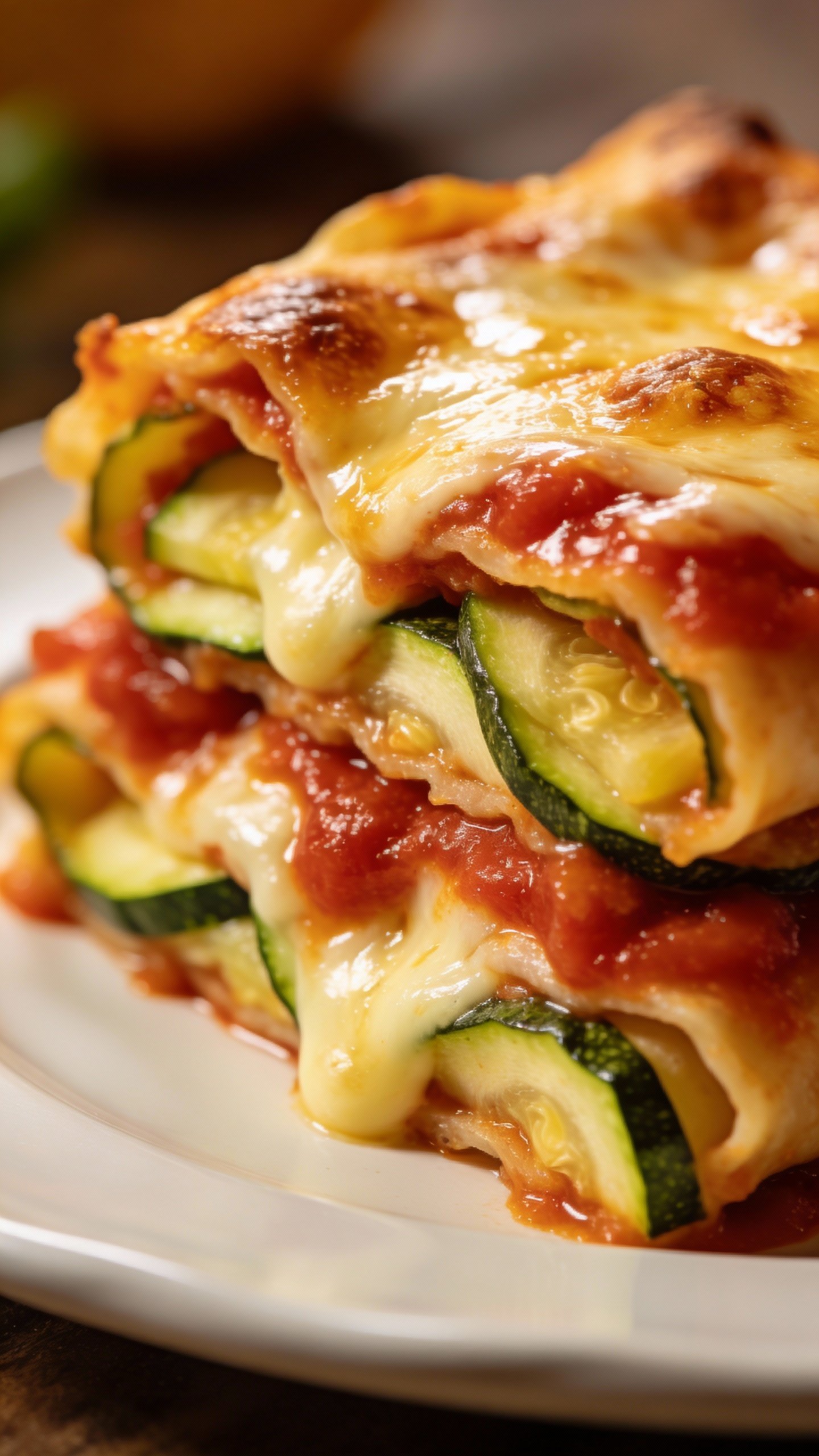 closeup slice of zucchini enchilada bake on white plate