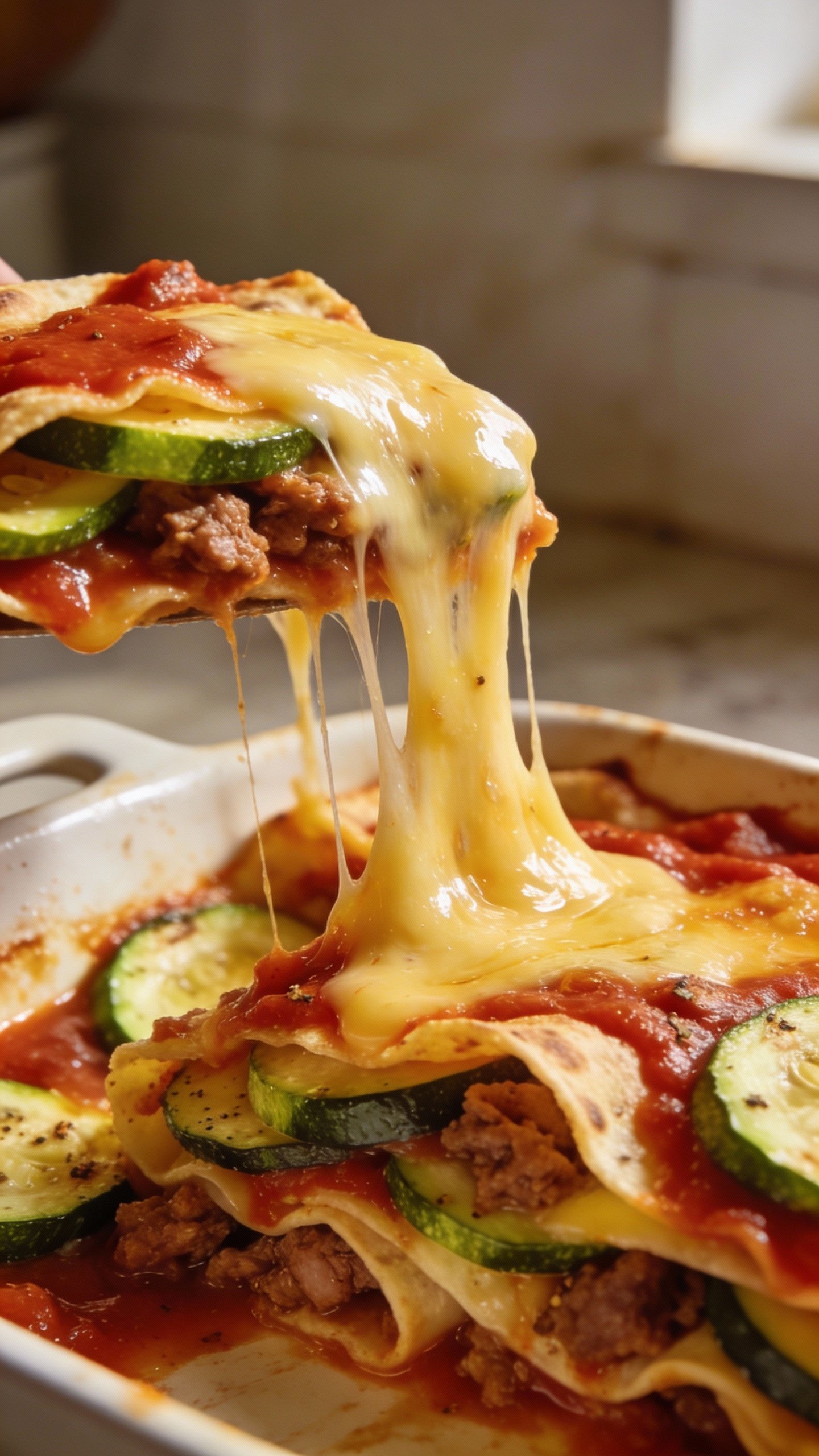melted cheese pull from zucchini layered enchilada bake