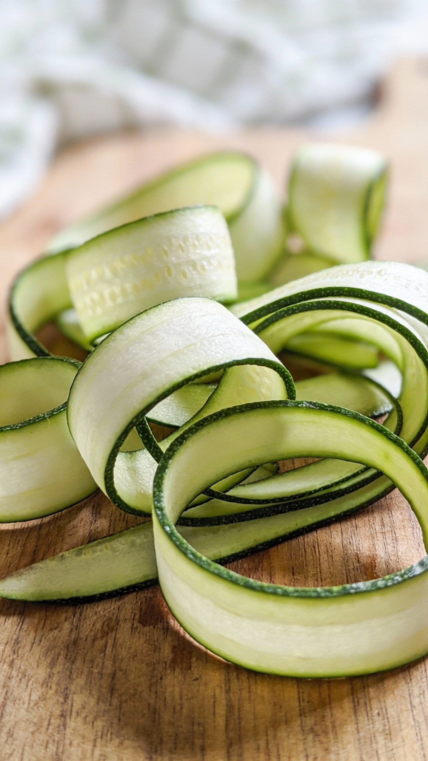thinly sliced zucchini ribbons on cutting board, macro shot