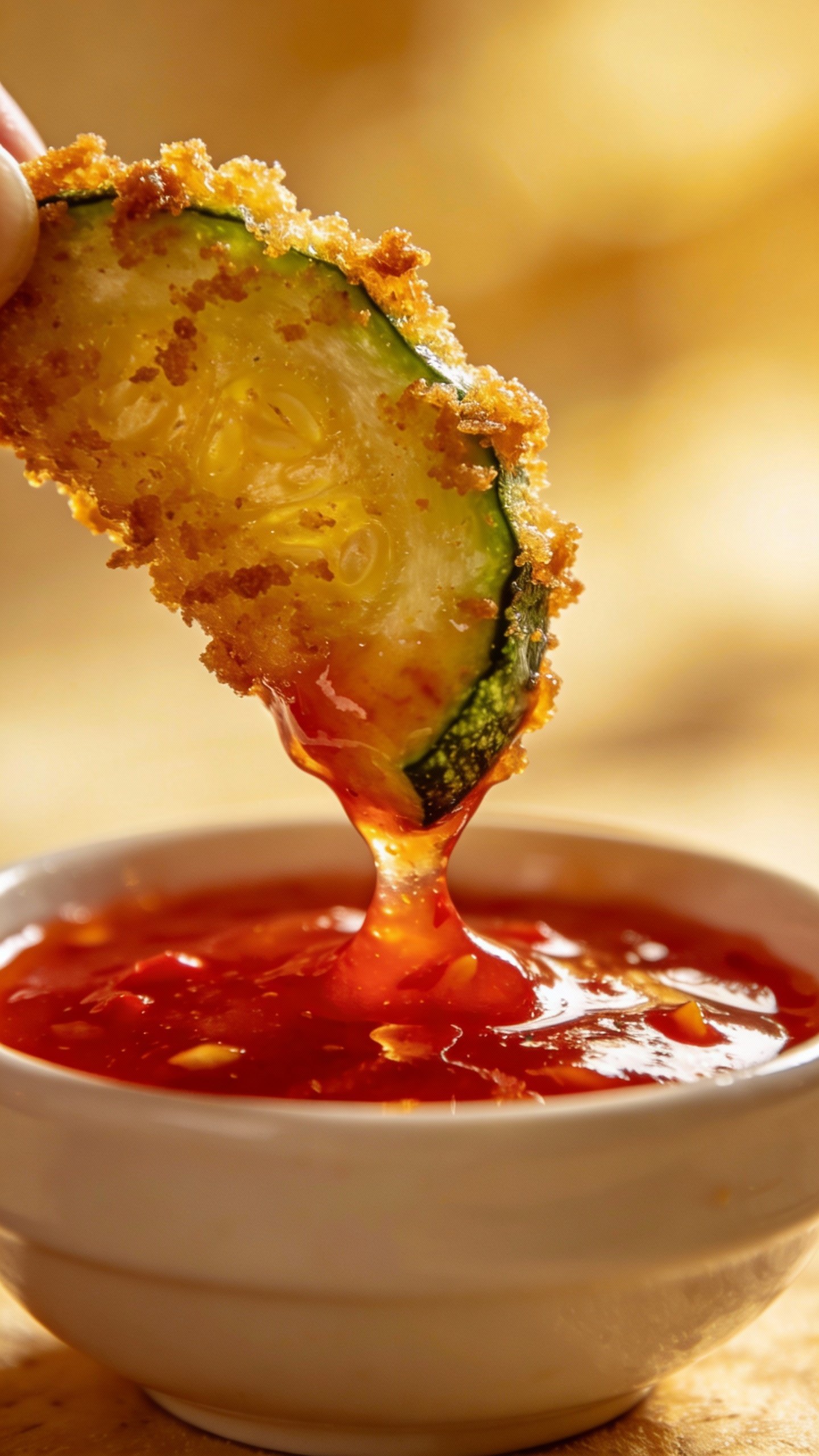 single crispy zucchini bite dipped in sweet chili sauce