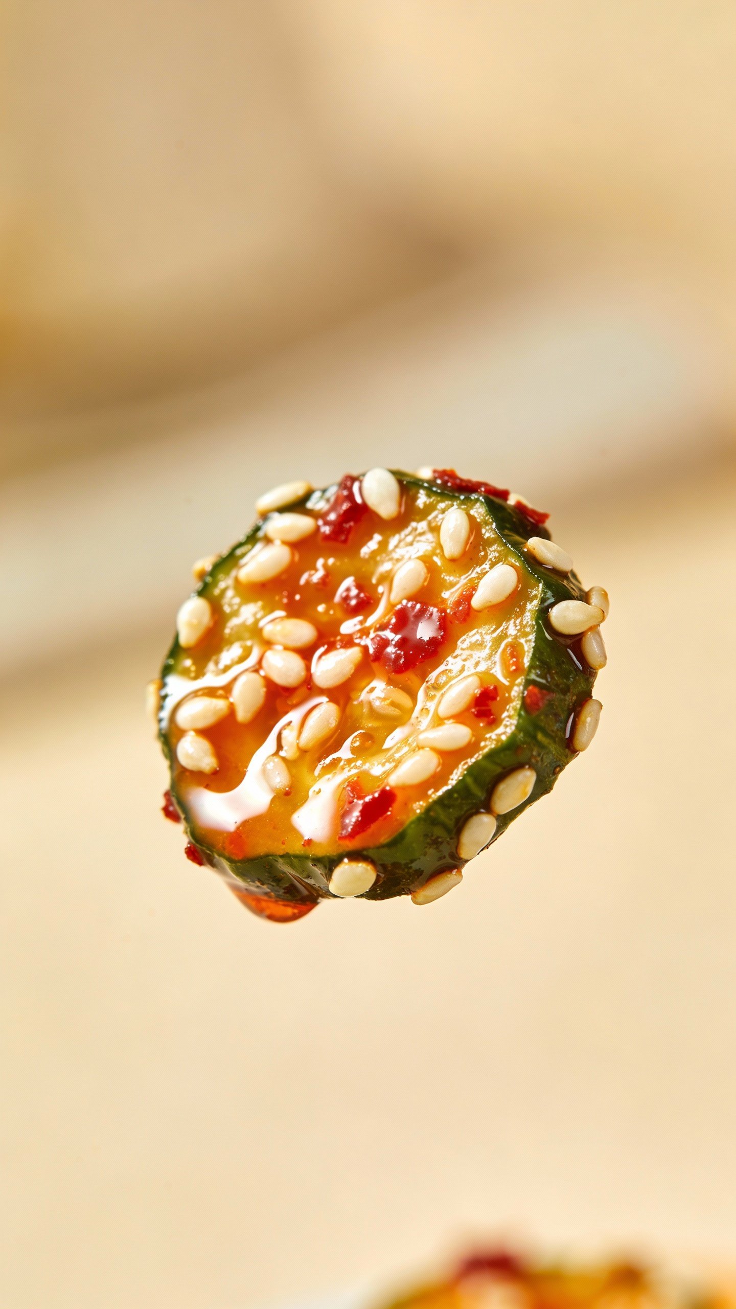 macro of sesame-topped zucchini bite with glossy chili glaze