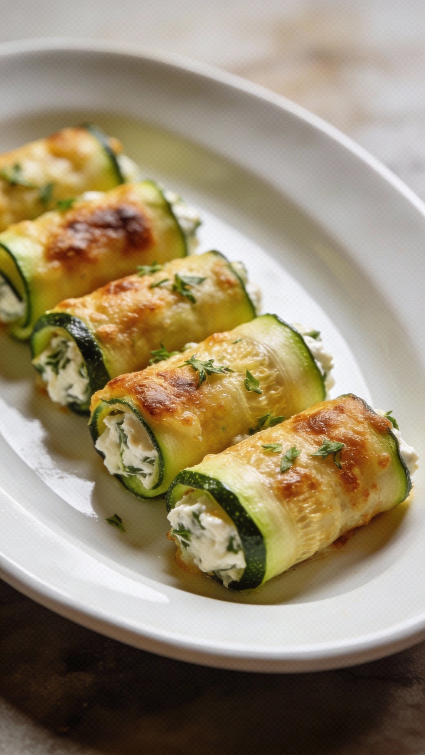 closeup of zucchini rollatini on white oval plate