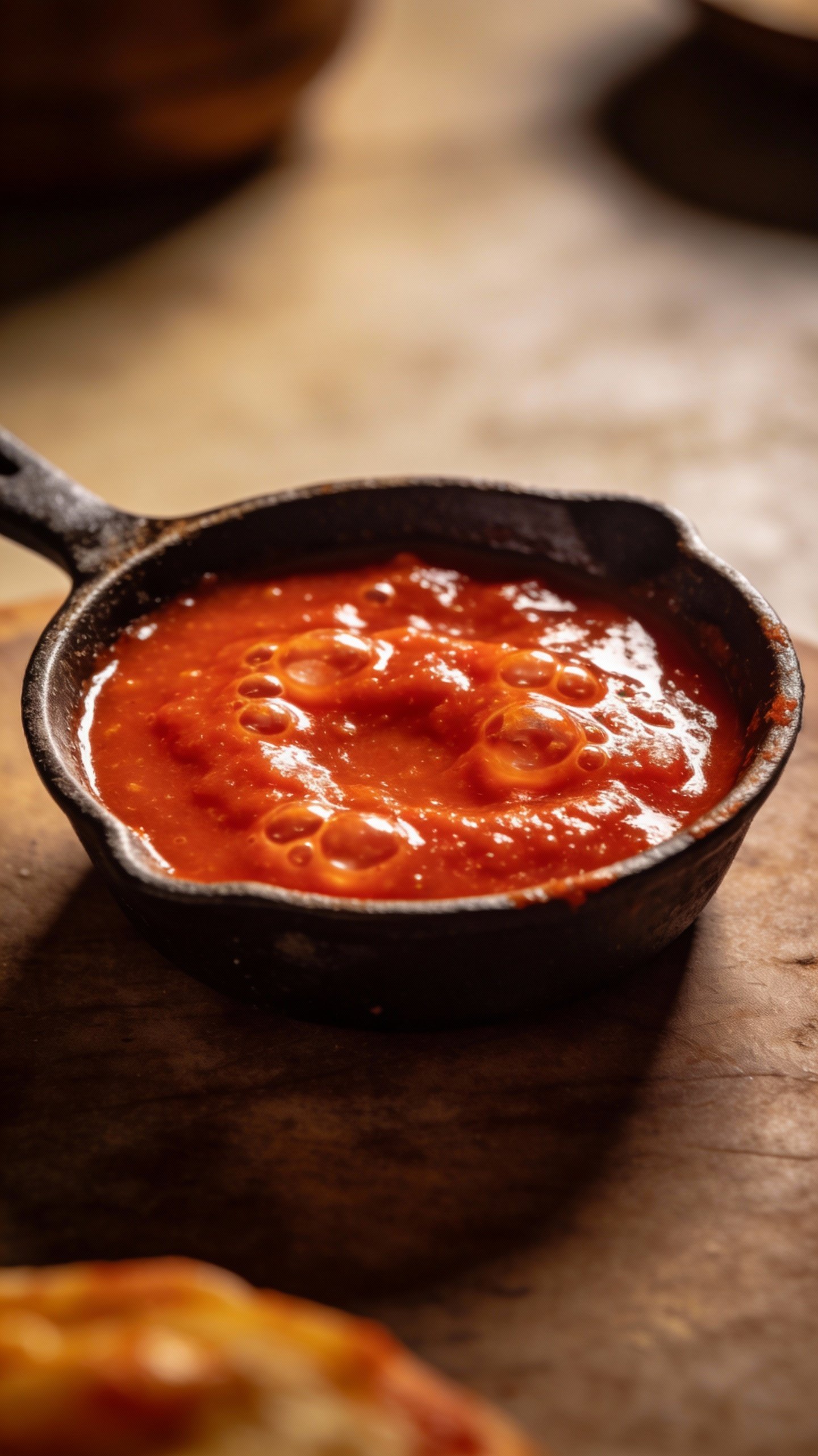 bubbling marinara in small cast-iron skillet closeup