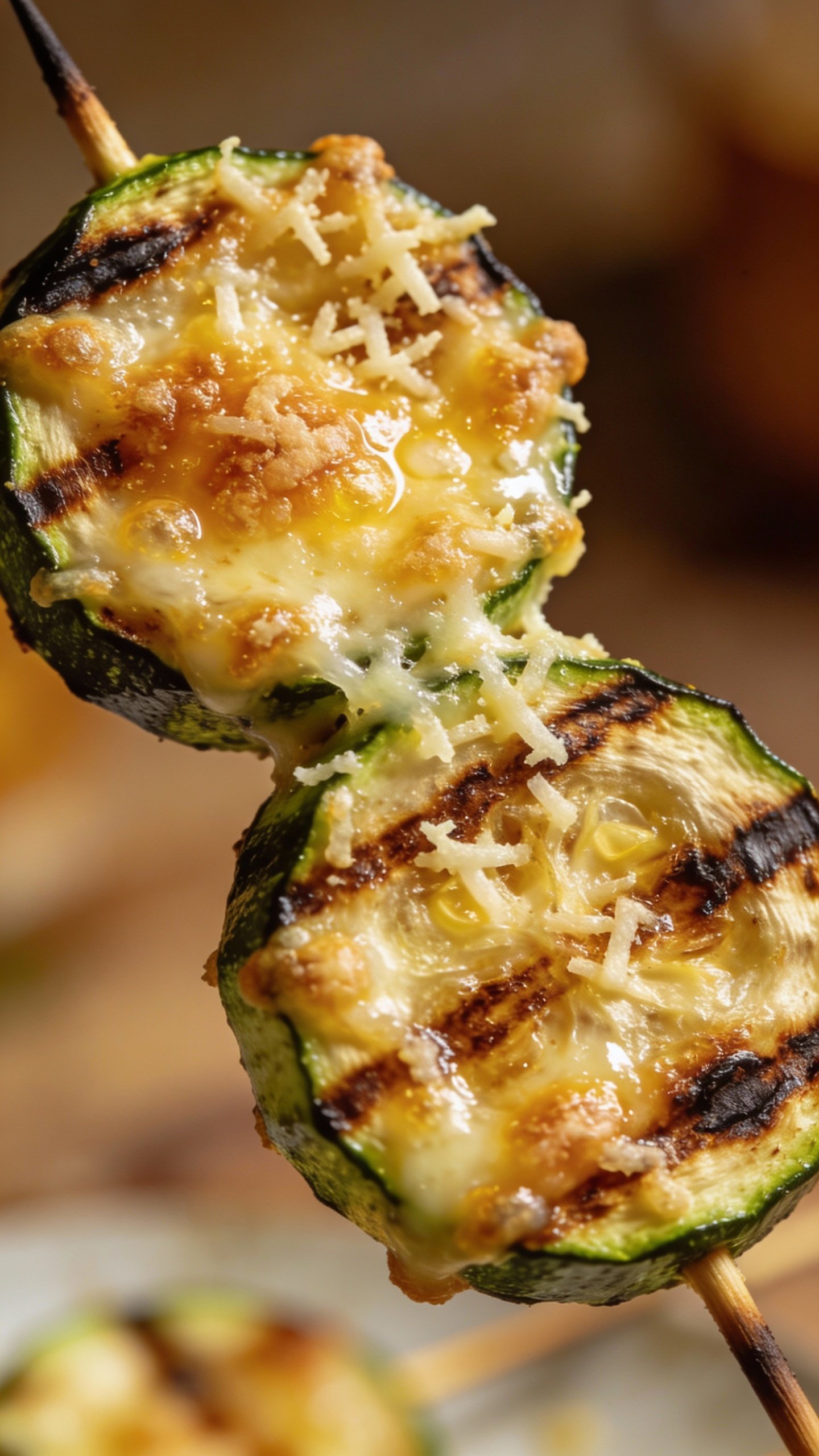 closeup grilled zucchini skewer with melted parmesan crust